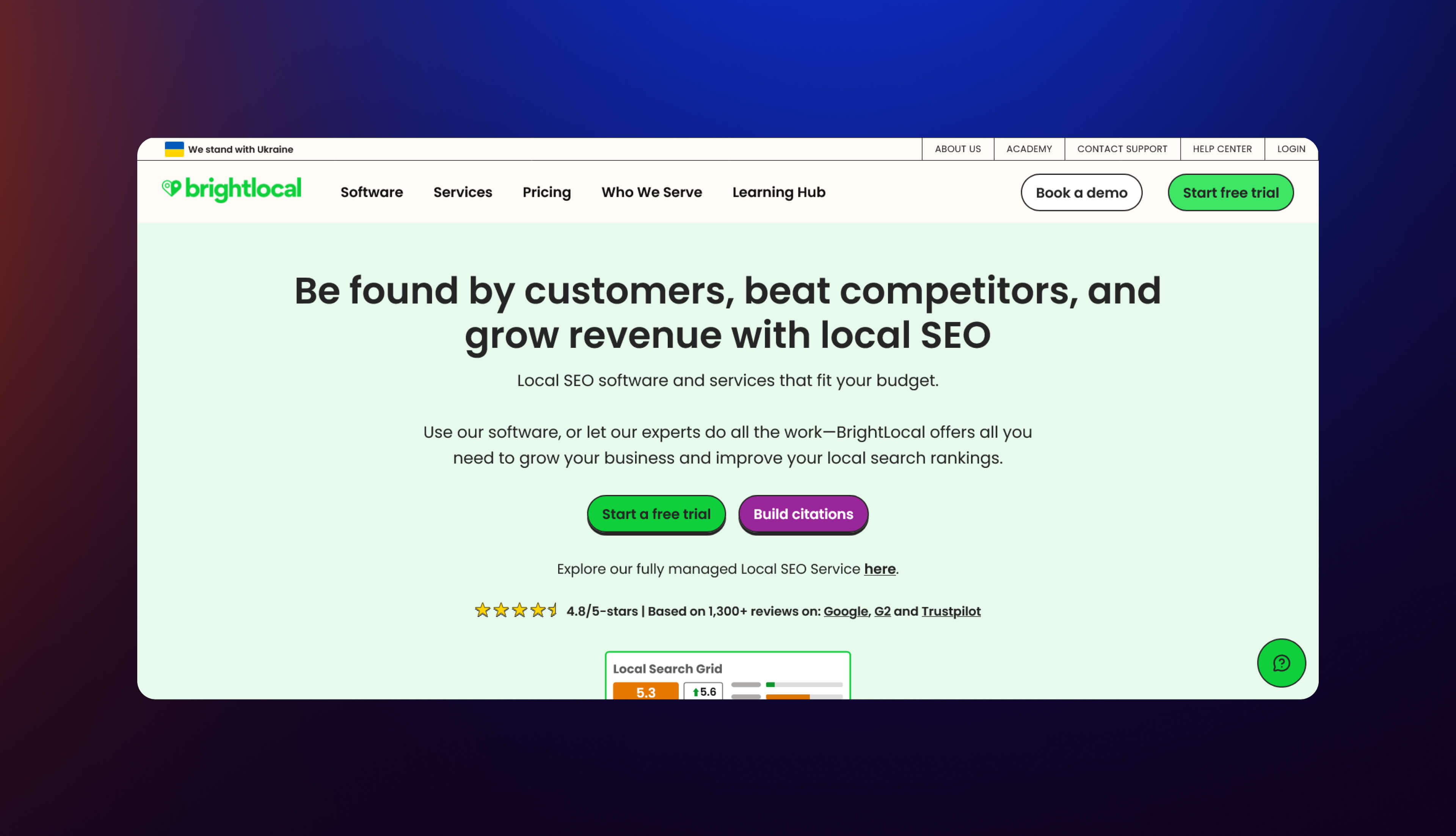 A screenshot of BrightLocal homepage.