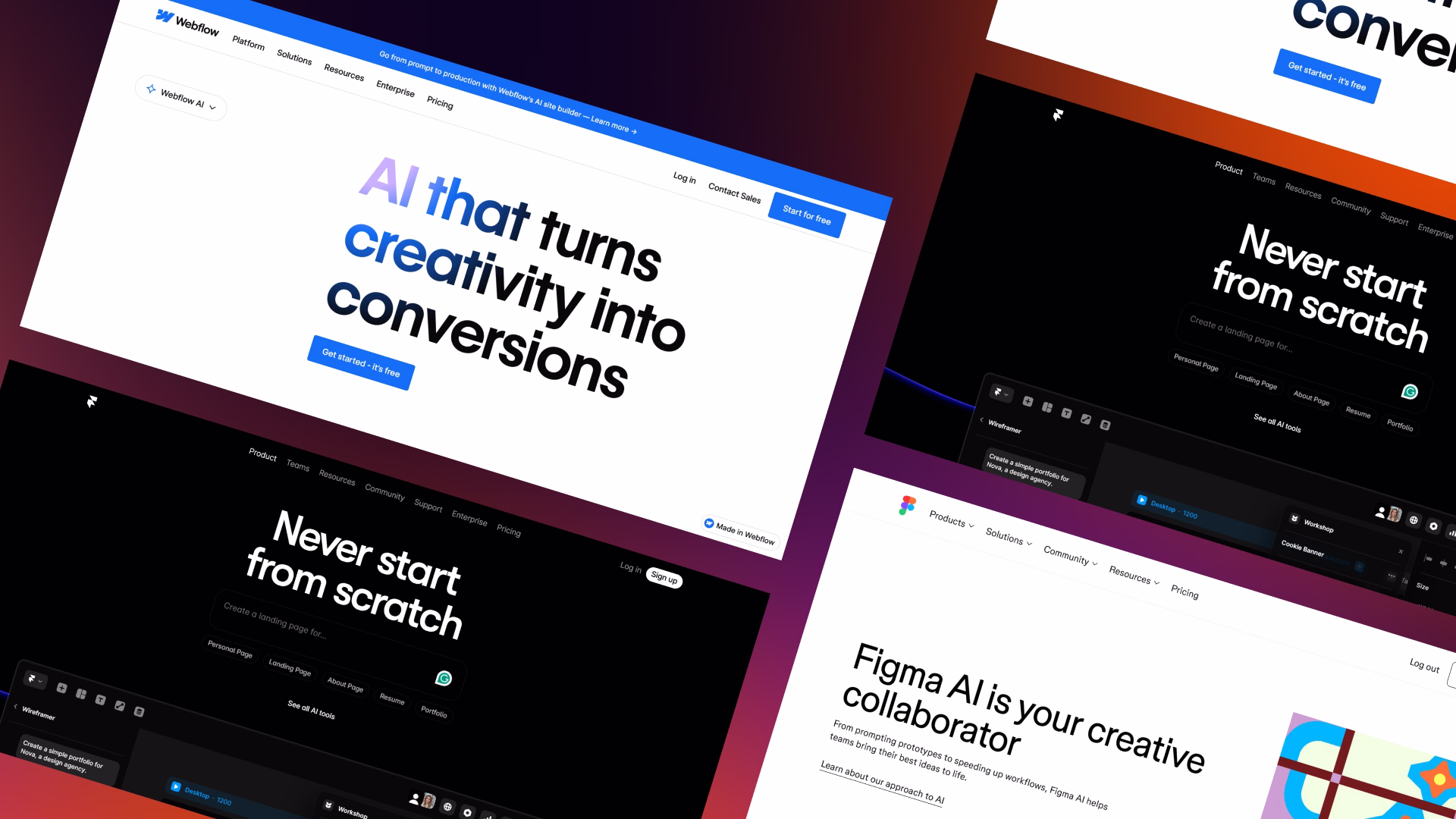 Screenshots of Webflow AI, Framer AI, and Figma AI home pages.