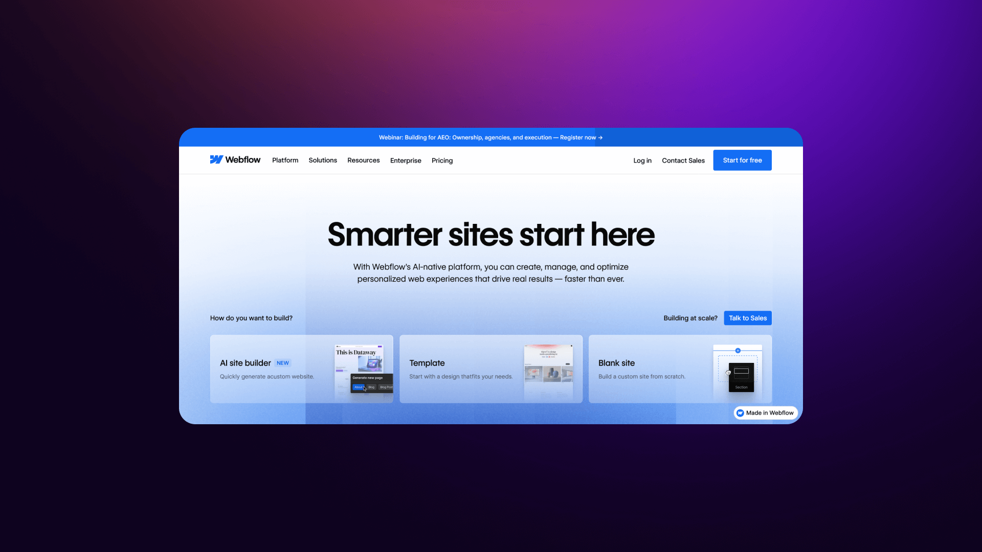 Screenshot of Webflow home page.