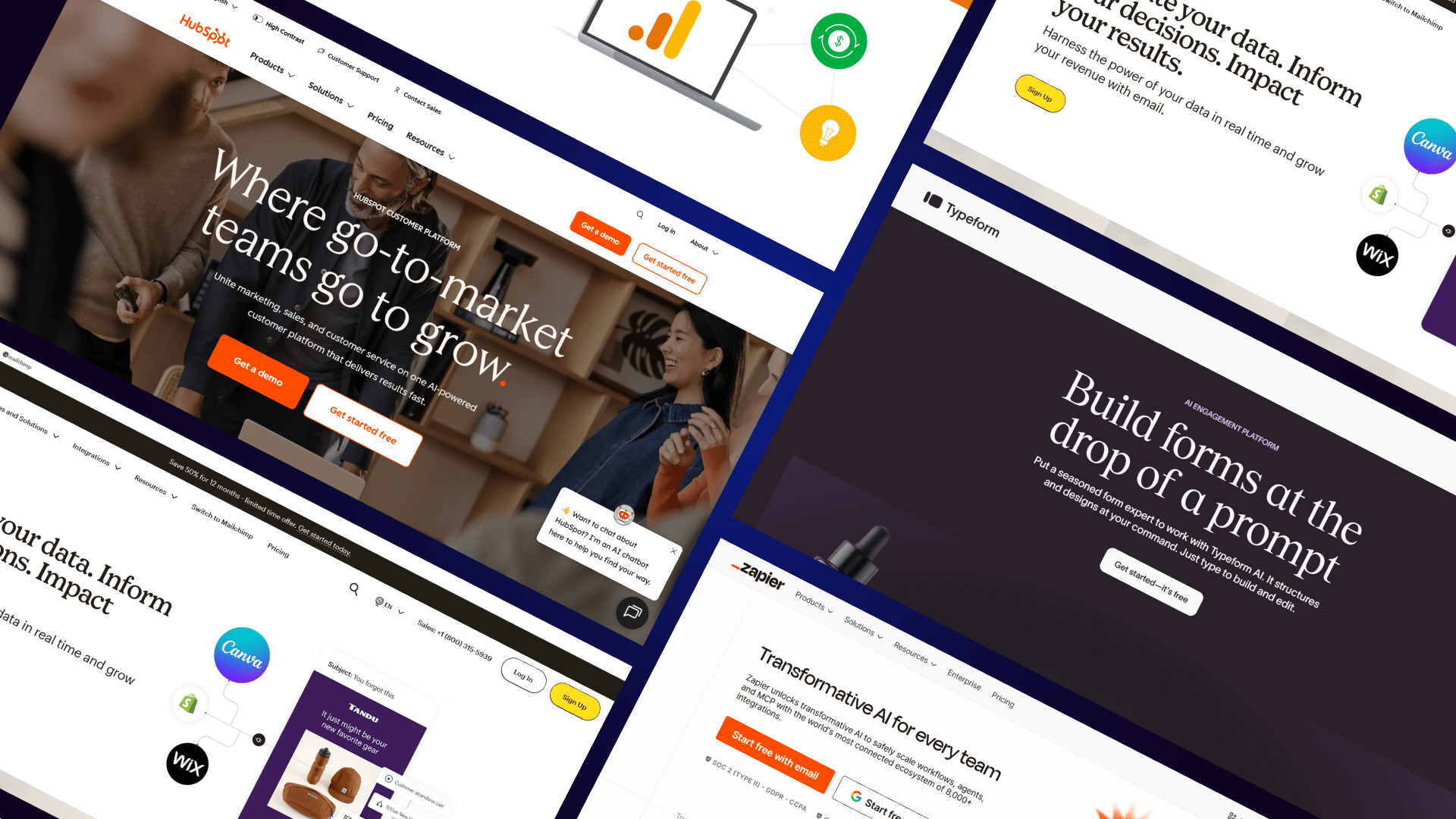 A collection of popular software integrations for startups, including Google Analytics, Zapier, HubSpot, Typeform, and Mailchimp