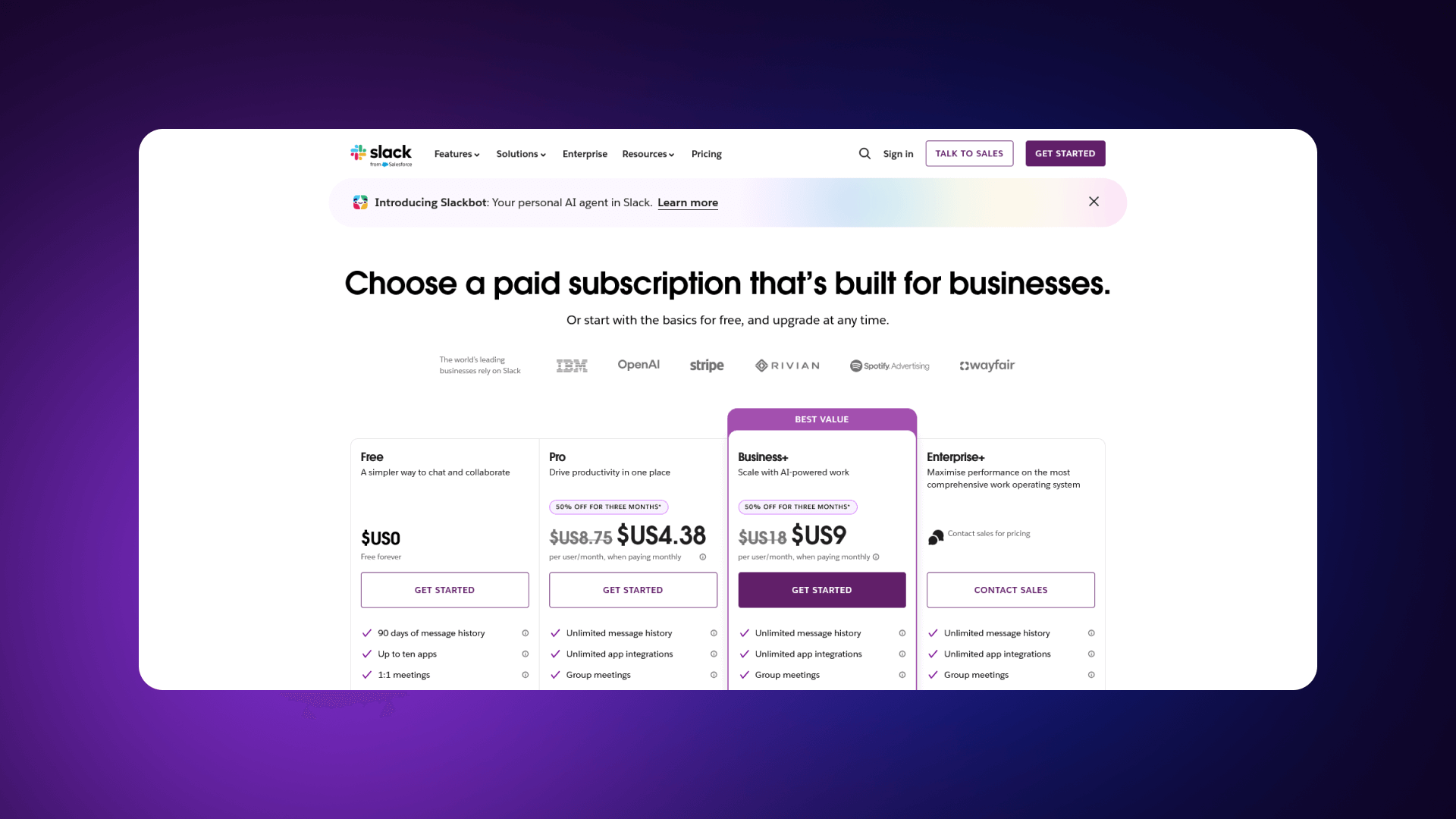 Text: Slack pricing page analysis showing four tiers, Free, Pro, Business+, and Enterprise, with a per-user billing toggle and feature comparison table.