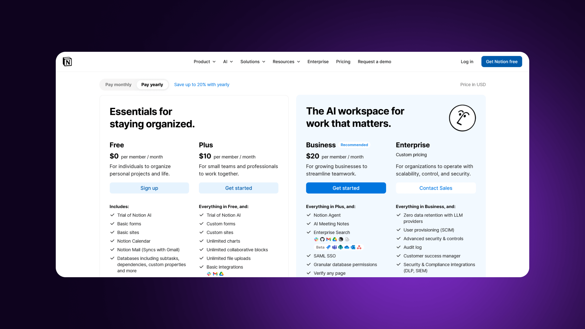 Notion pricing tiers overview featuring a clean, scannable layout for Free, Plus, Business, and Enterprise plans with collaboration limits.