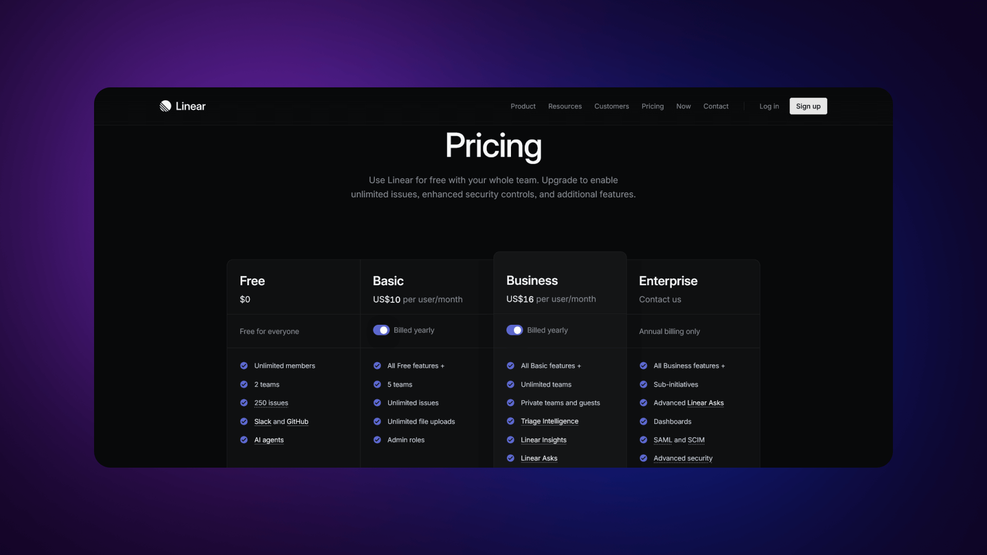 Linear pricing model illustration showcasing a focused 3-tier structure (Free, Plus, Enterprise) with high-contrast typography and whitespace.