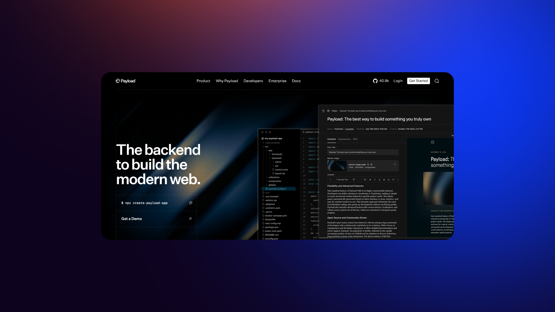 Payload CMS interface showcasing a TypeScript-native, code-first headless backend for engineering-heavy SaaS teams.