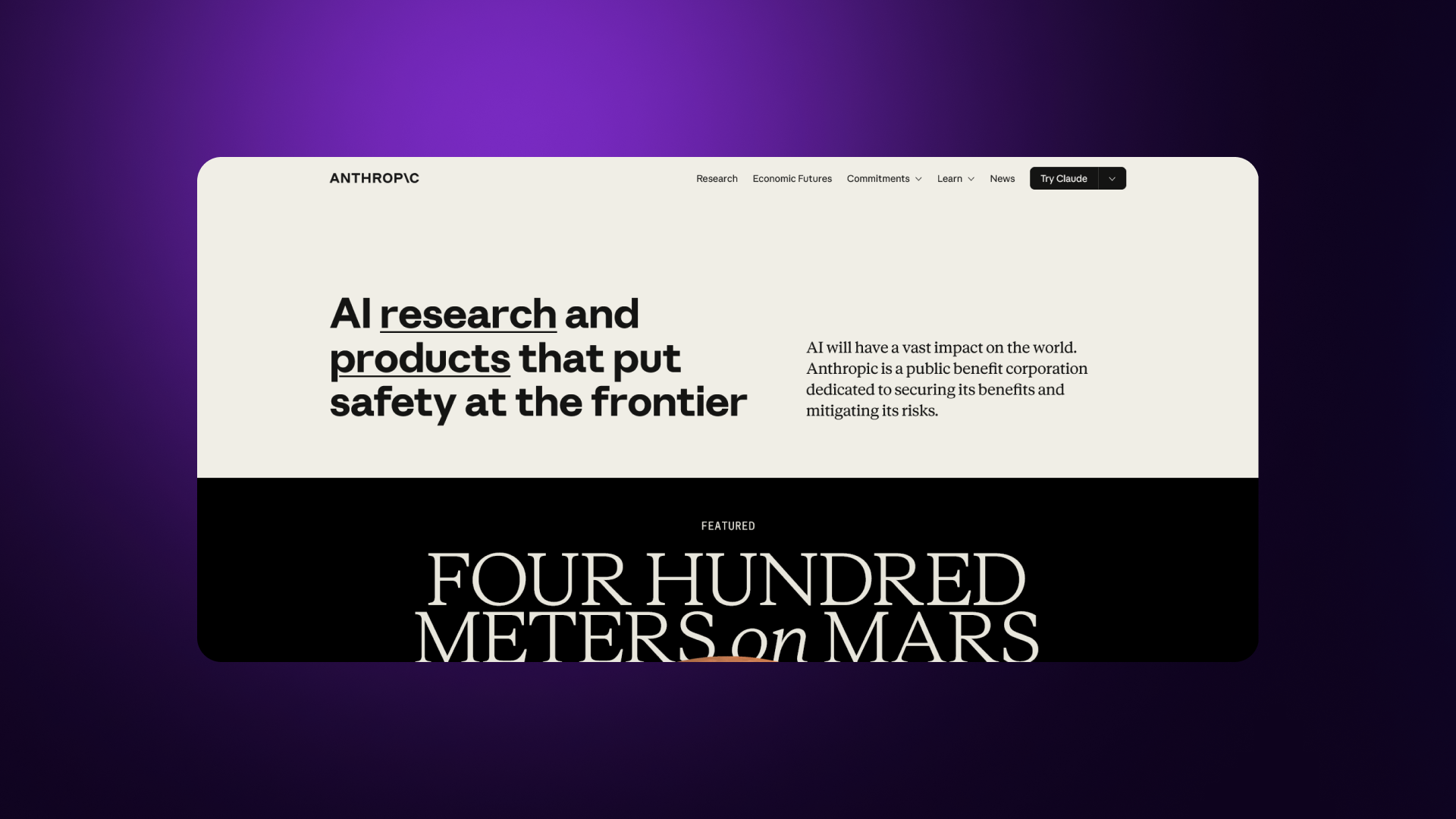 A screenshot of the Anthropic home page with a minimalist layout, large typography, and clean whitespace.