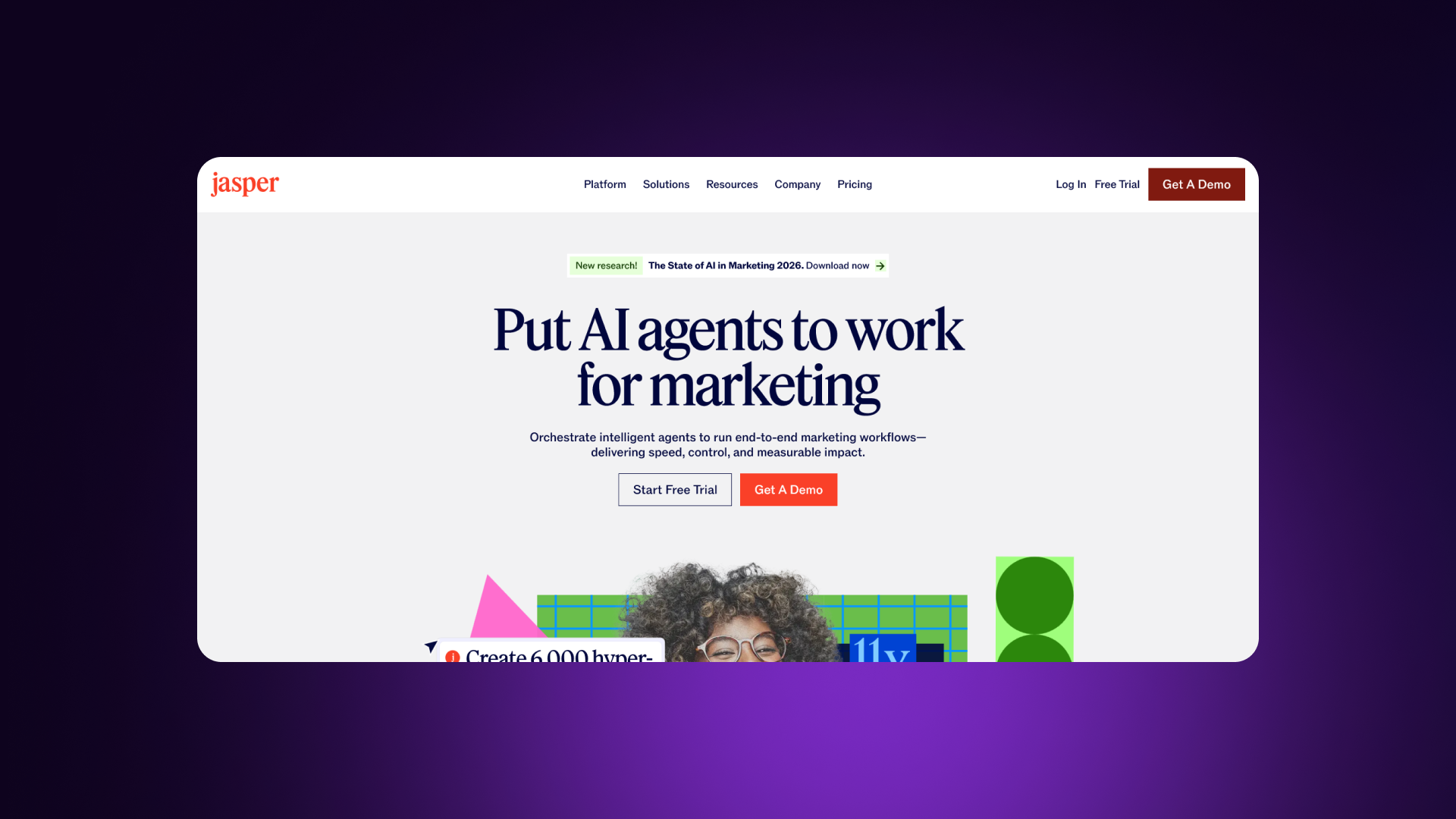 A screenshot of the Jasper home page showing product visuals and messaging about AI content creation.