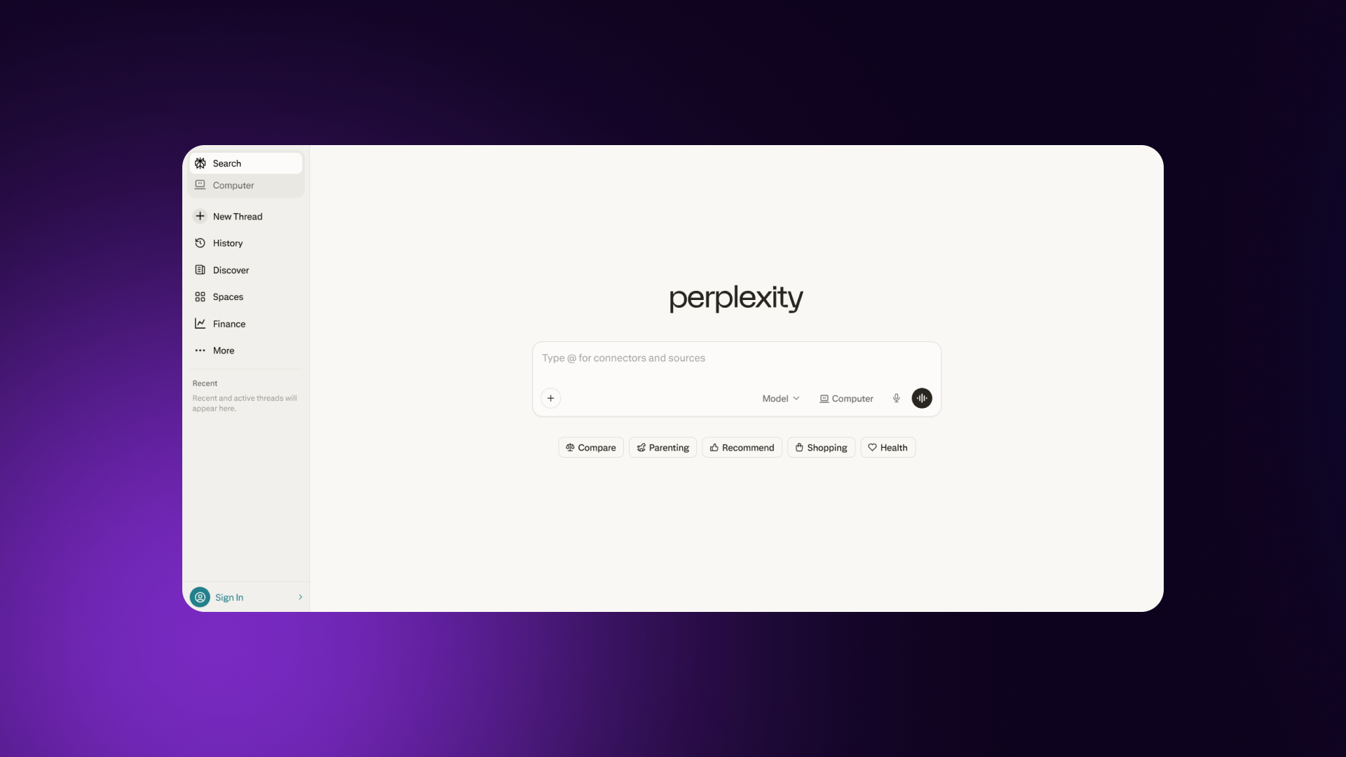 A screenshot of the Perplexity home page featuring a simple interface with a central AI search box.