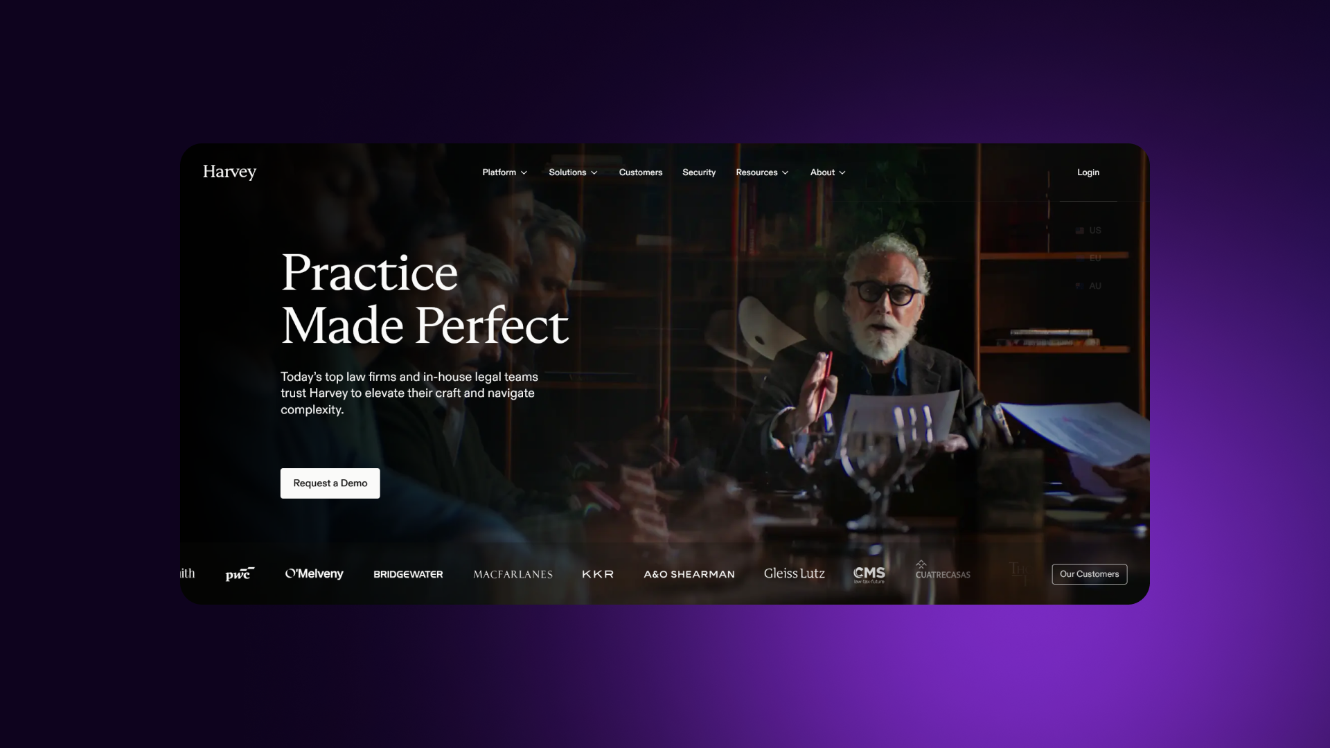 A screenshot of the Harvey AI home page showing enterprise design and legal industry case studies.