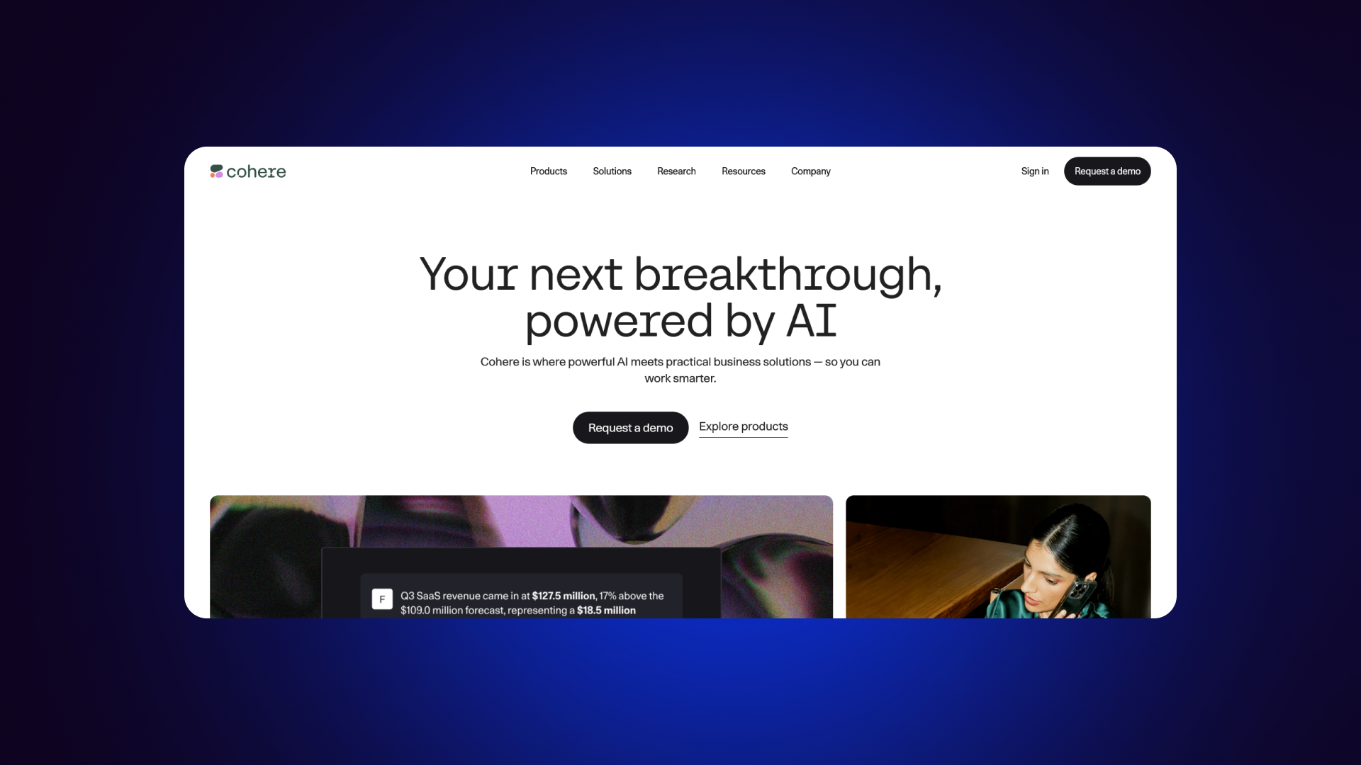 A screenshot of the Cohere home page highlighting AI solutions and cross-industry applications.