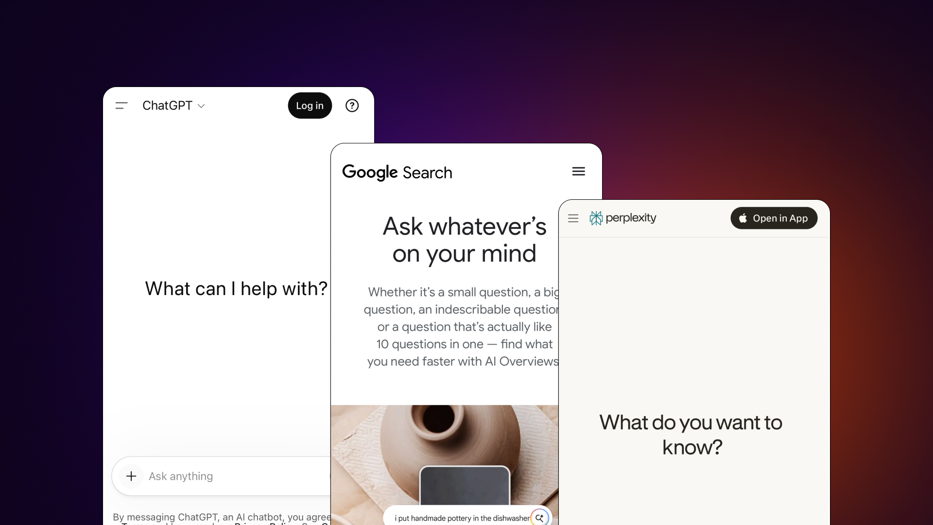  Mobile view of ChatGPT, Perplexity, and AI Overviews.