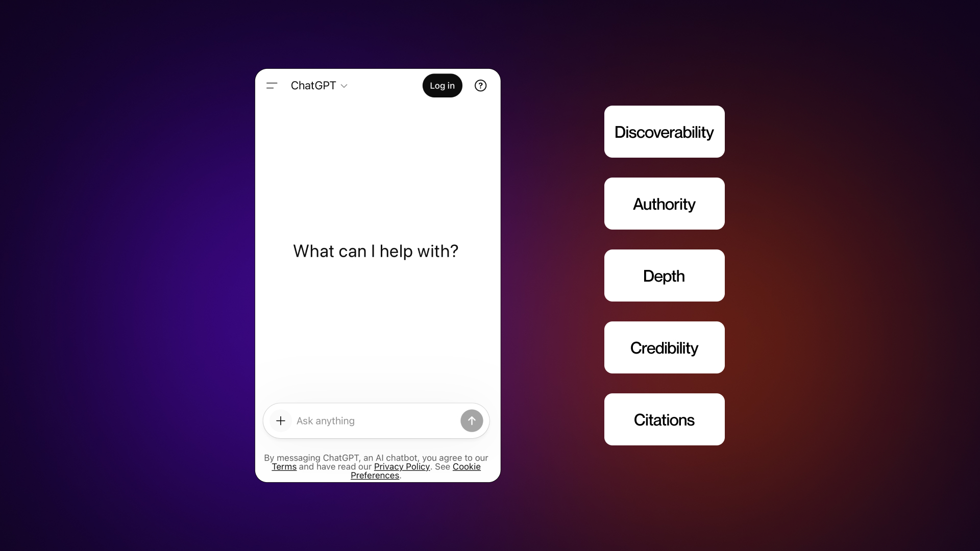 ChatGPT optimization strategies, including search discoverability, authoritative sources, comprehensive content, credibility, and citations.