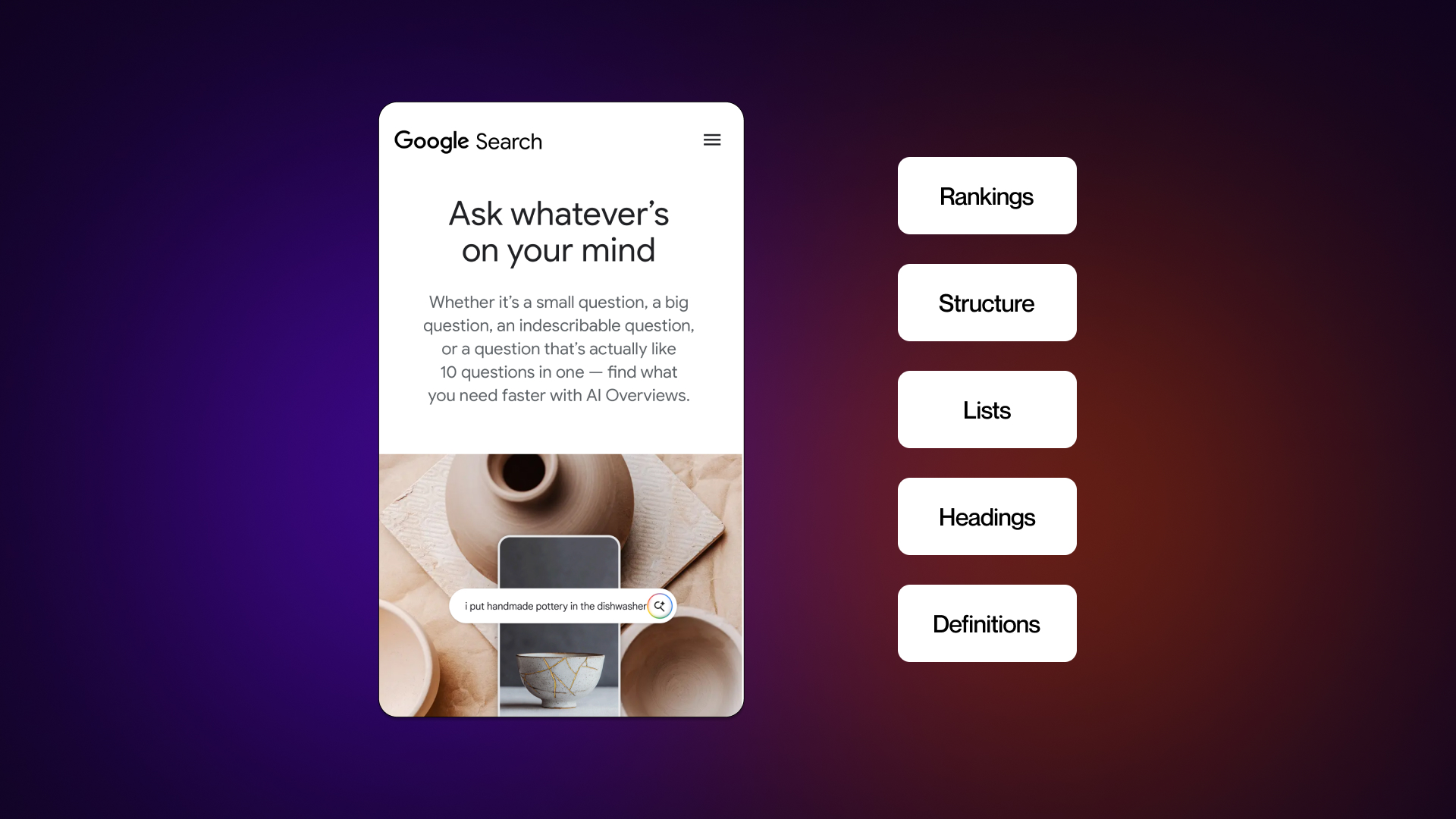 Optimization strategies for Google AI Overviews, including rankings, structured content, lists, headings, and clear definitions.