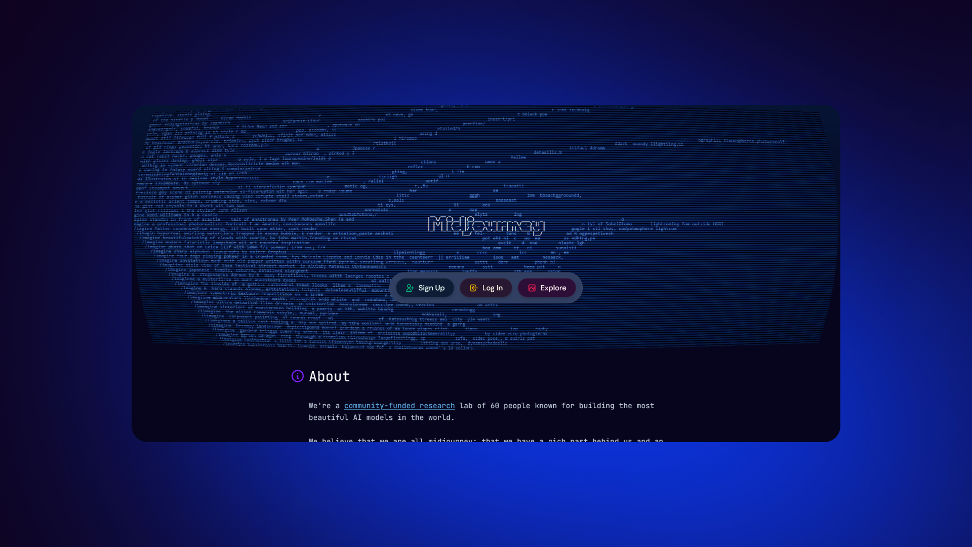 A screenshot of the Midjourney home page highlighting its simple interface and focus on the AI art community through Discord.