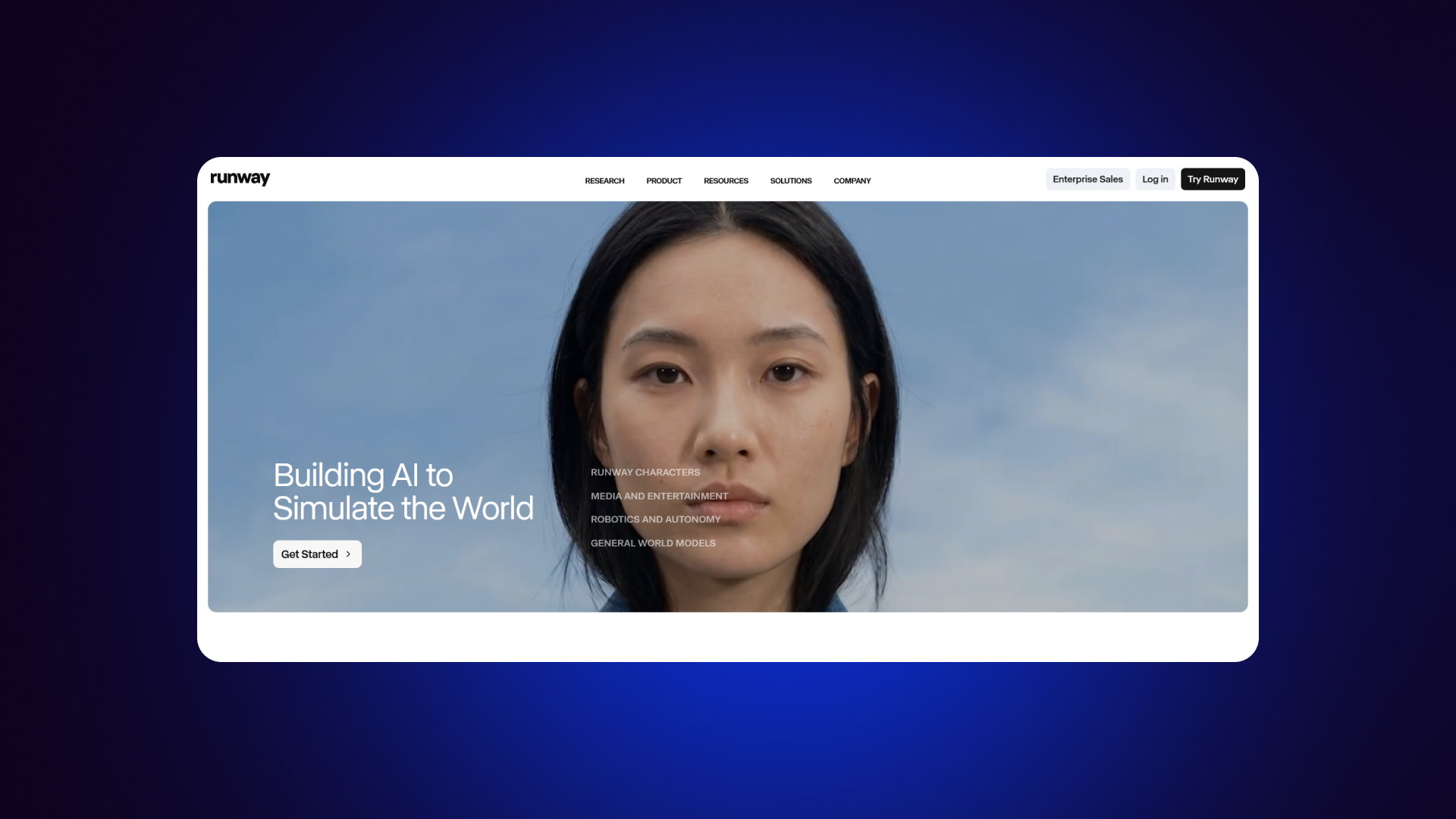 A screenshot of the Runway home page with a dark interface and visual examples of AI-generated creative work.