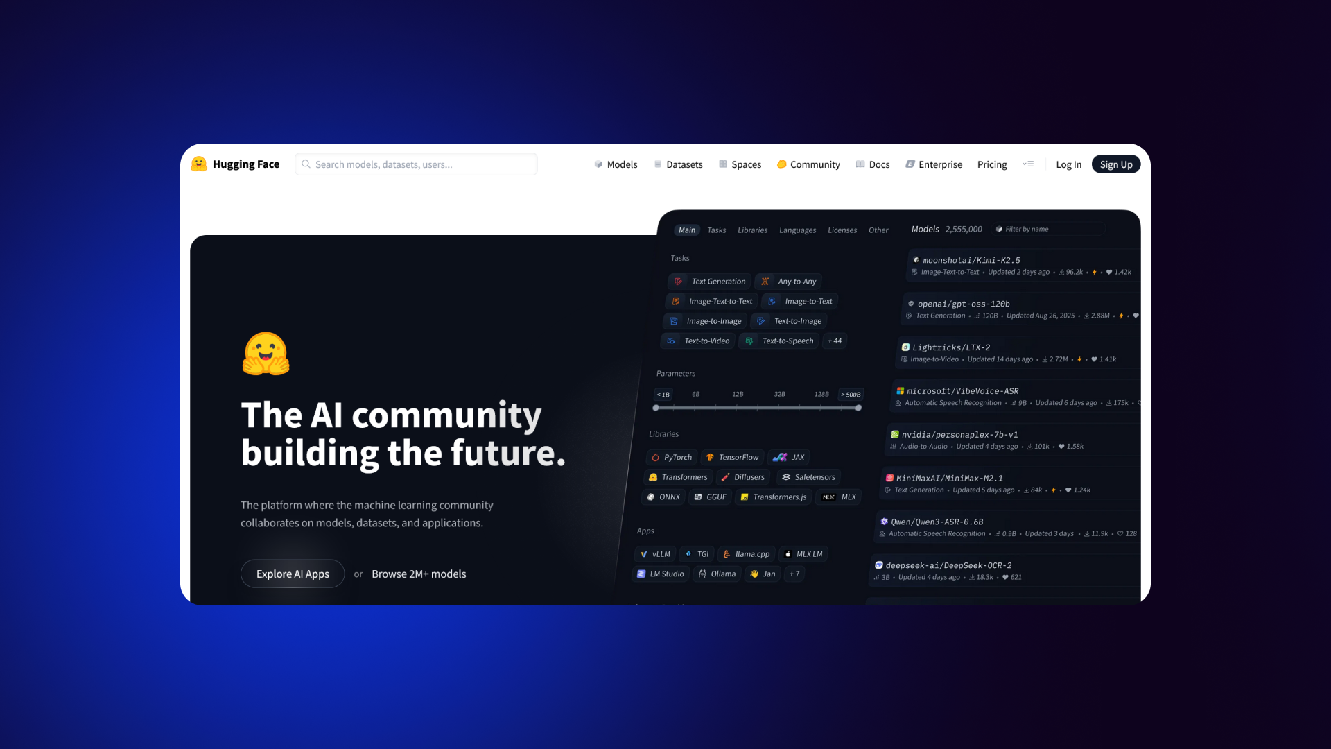 A screenshot of the Hugging Face home page with playful branding and developer-focused AI tools.