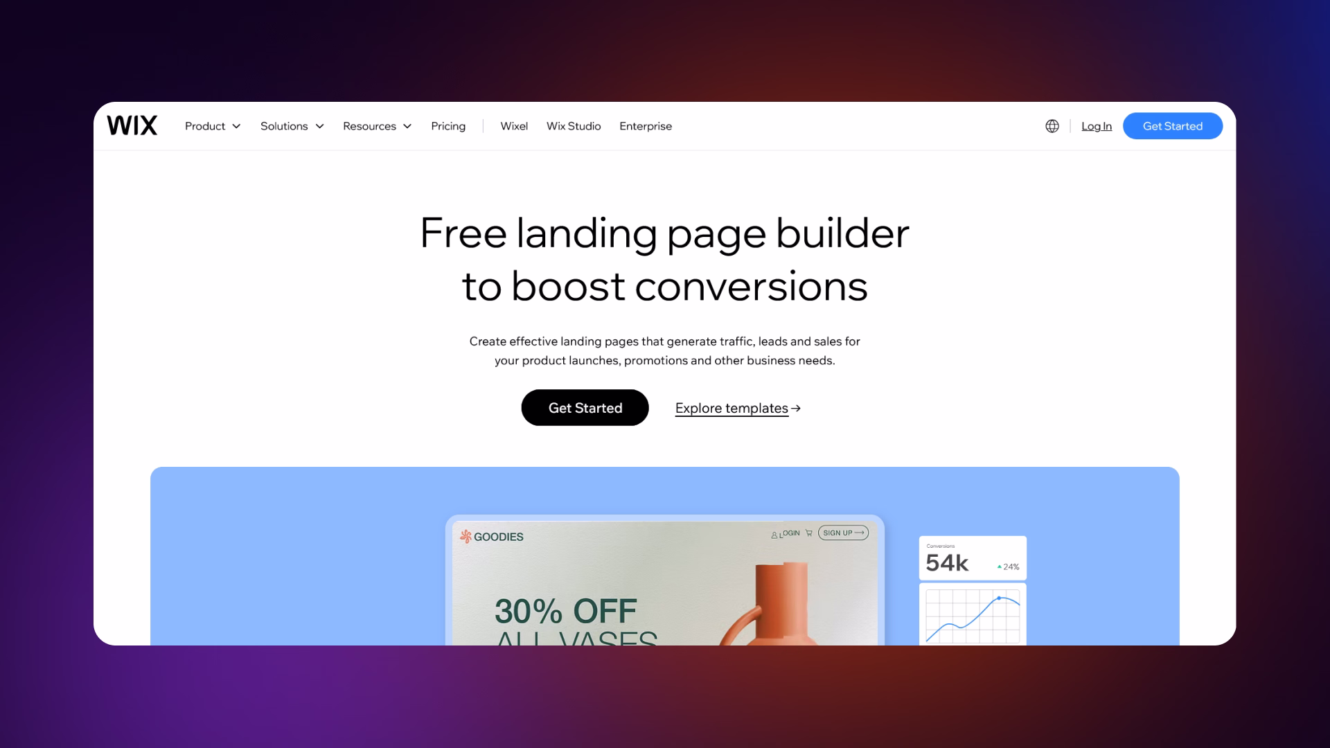 Wix homepage featuring beginner-friendly AI website and landing page builder