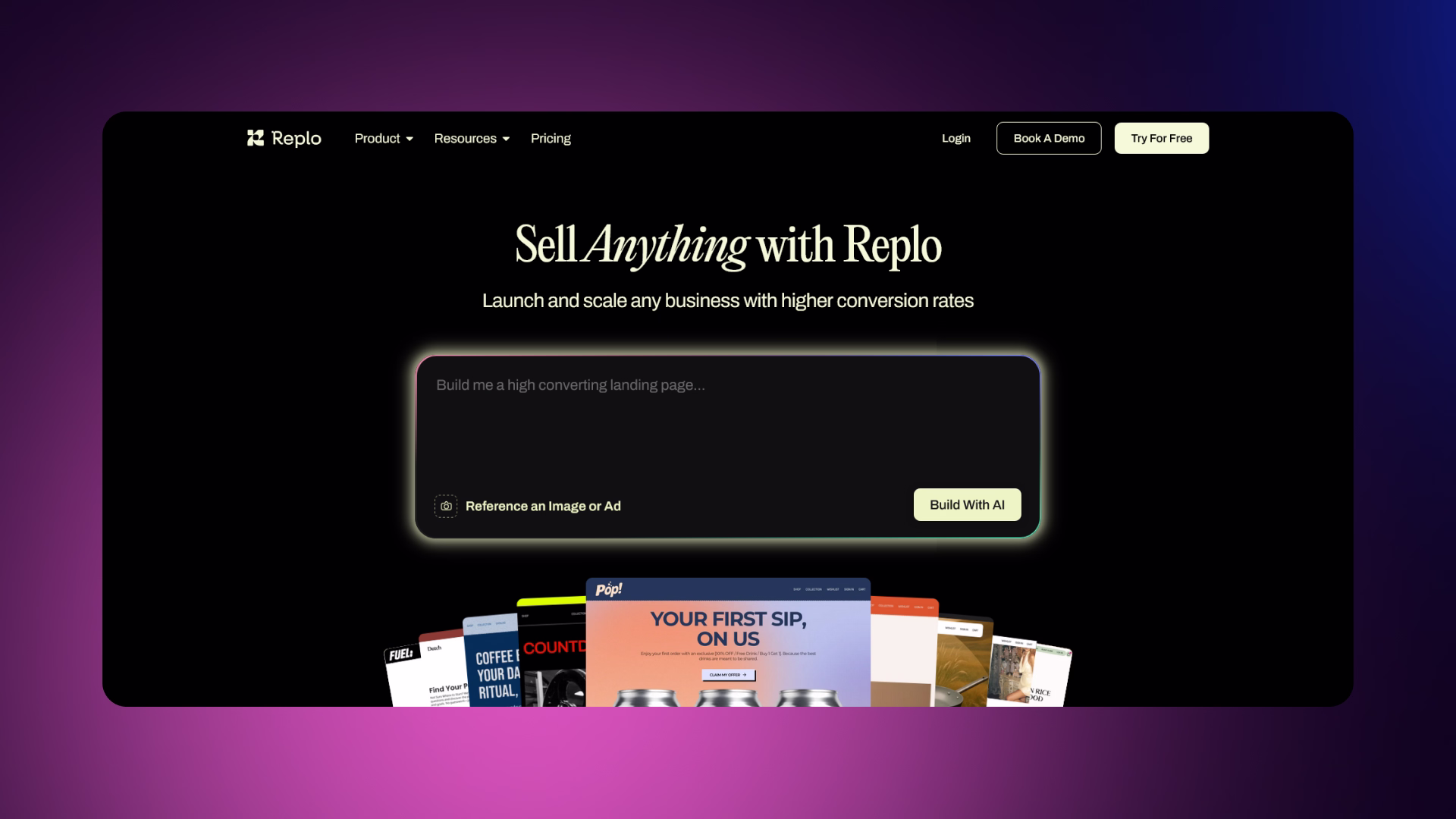 Replo homepage displaying Shopify-focused landing page builder with product data integration