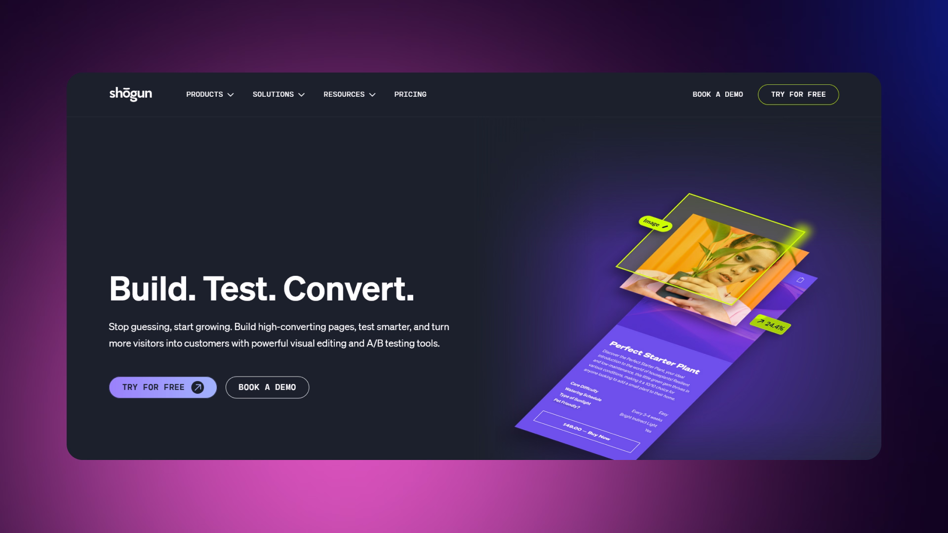Shogun homepage showing ecommerce landing page builder with visual editor and customization