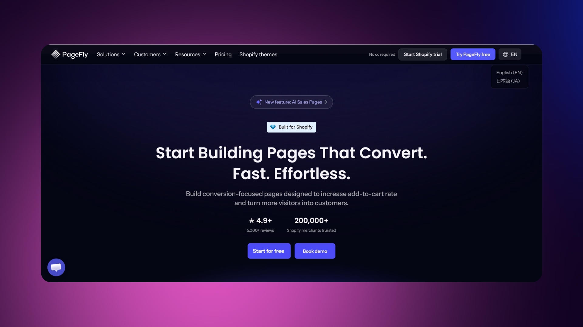 PageFly homepage featuring Shopify landing page builder with templates and flexible design tools