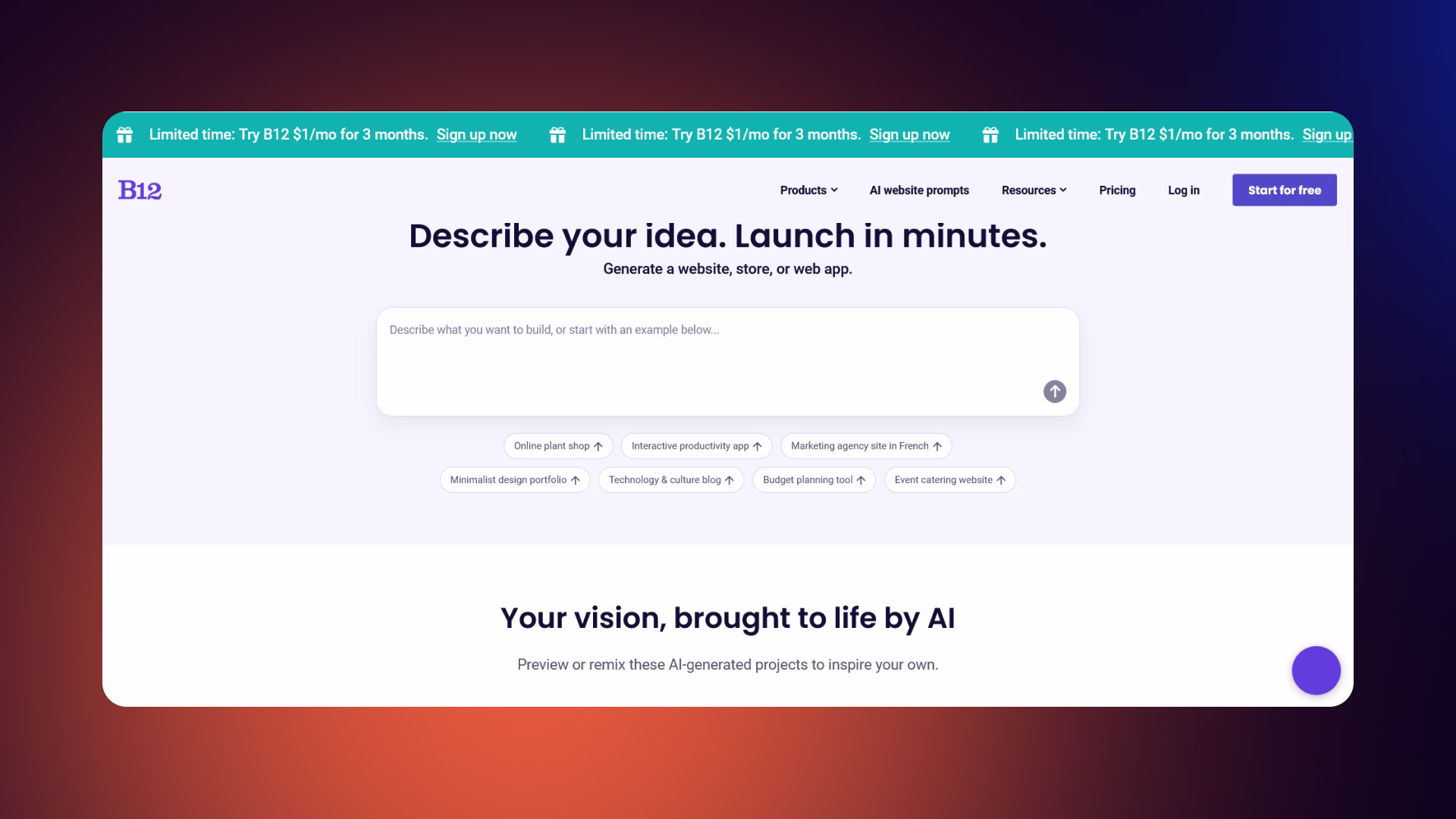 B12 homepage featuring AI website and landing page generator with full automation