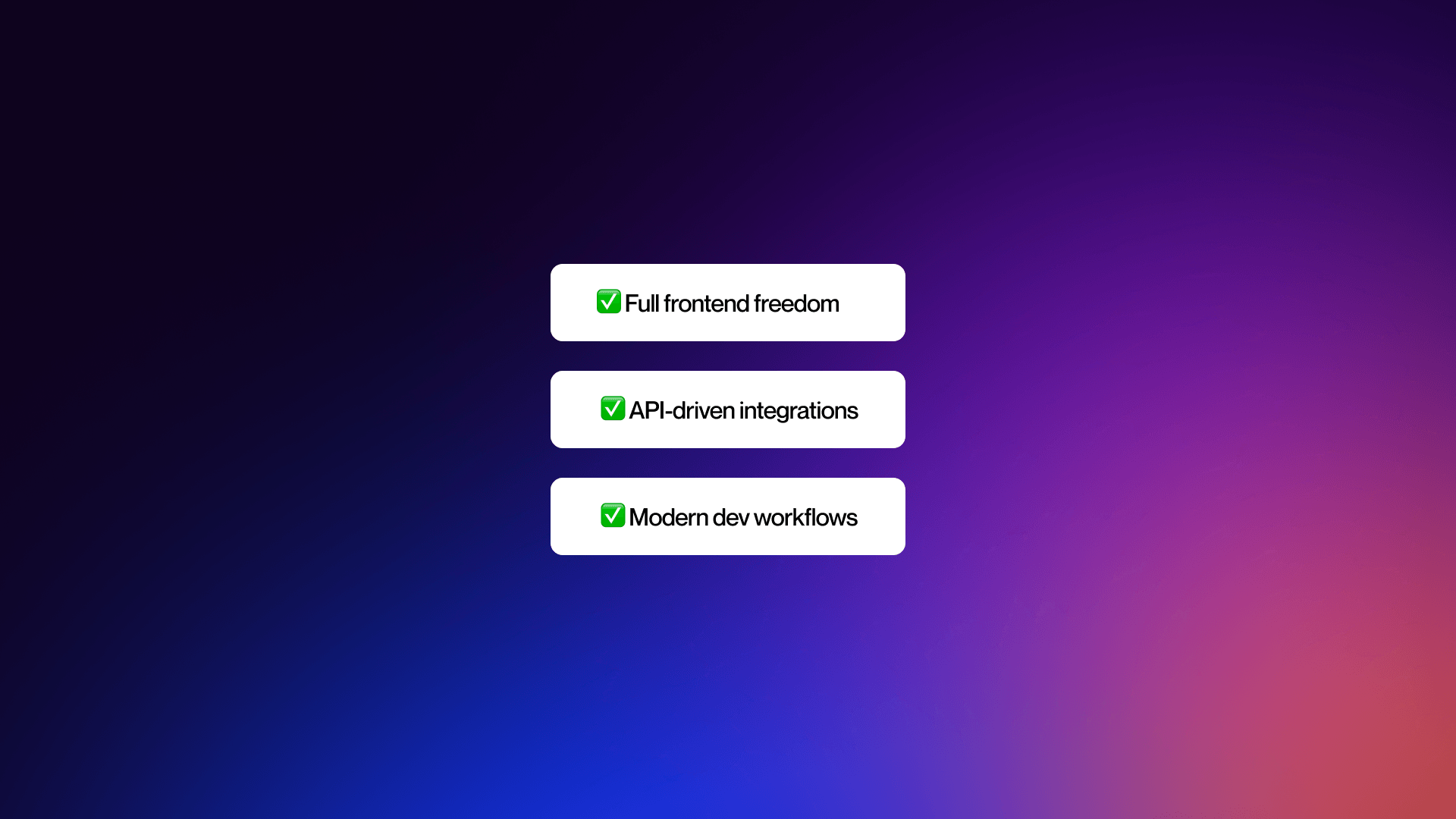 Key benefits including full frontend freedom, API-driven integrations, and modern developer workflows in headless CMS architecture.