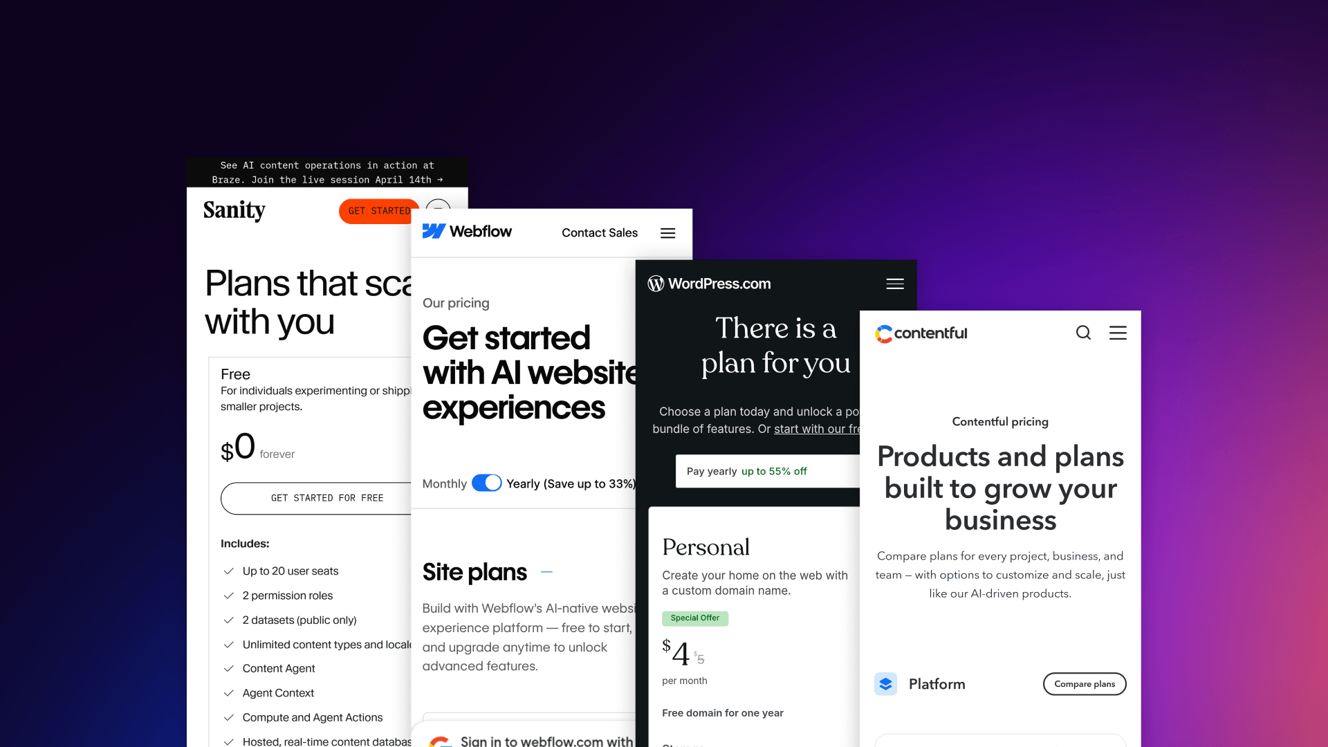 Screenshots of pricing pages from WordPress, Webflow, Sanity, and Contentful comparing plans, features, and pricing structures.
