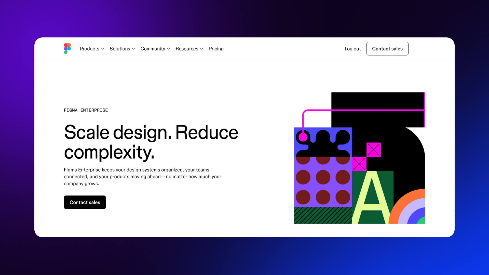 Figma Enterprise home page emphasizing team efficiency, security, admin controls, integrations, and embedded case studies for enterprise buyers.