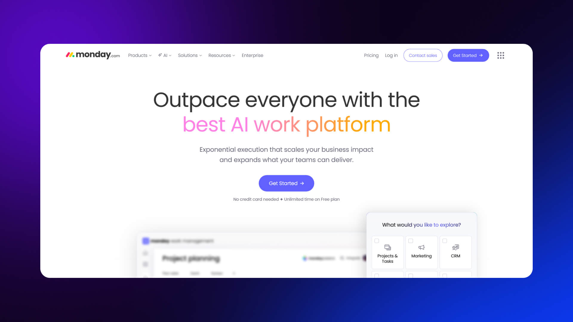 Monday.com home page showing workflows, role-specific use cases, color-coded UI previews, and repeated CTAs.