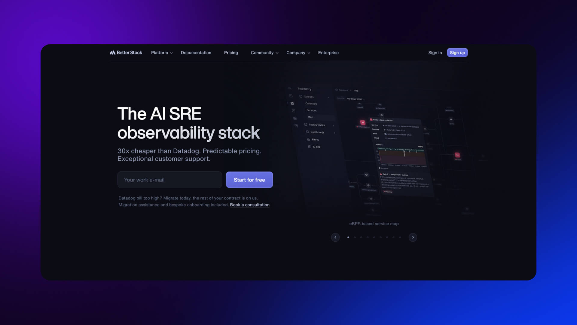 Better Stack home page focused on technical clarity, real product screenshots, performance metrics, and precise copy for engineer audiences.