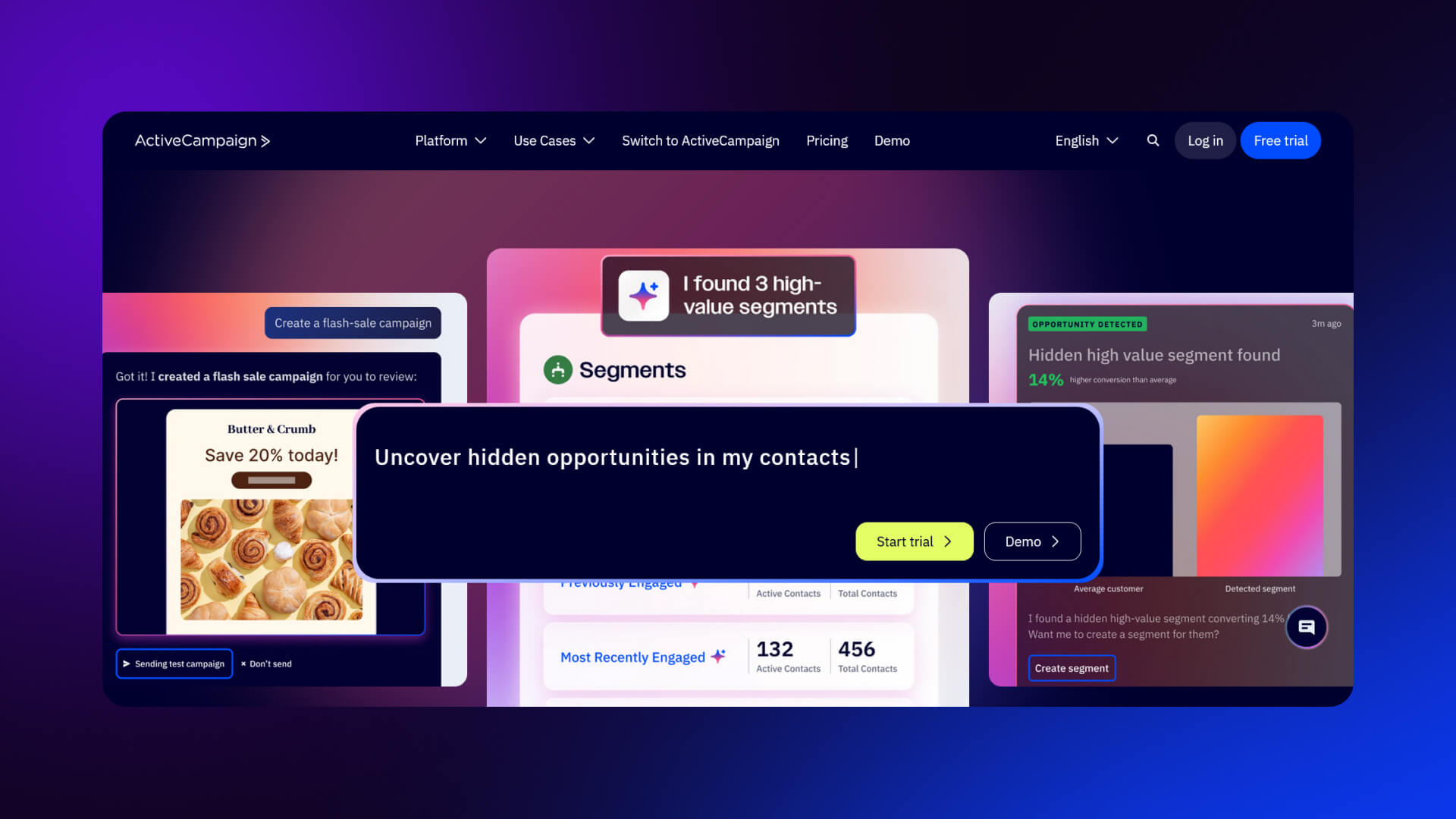 ActiveCampaign home page connecting automation features to business growth with layered content, testimonials, case studies, and demo-focused CTAs.