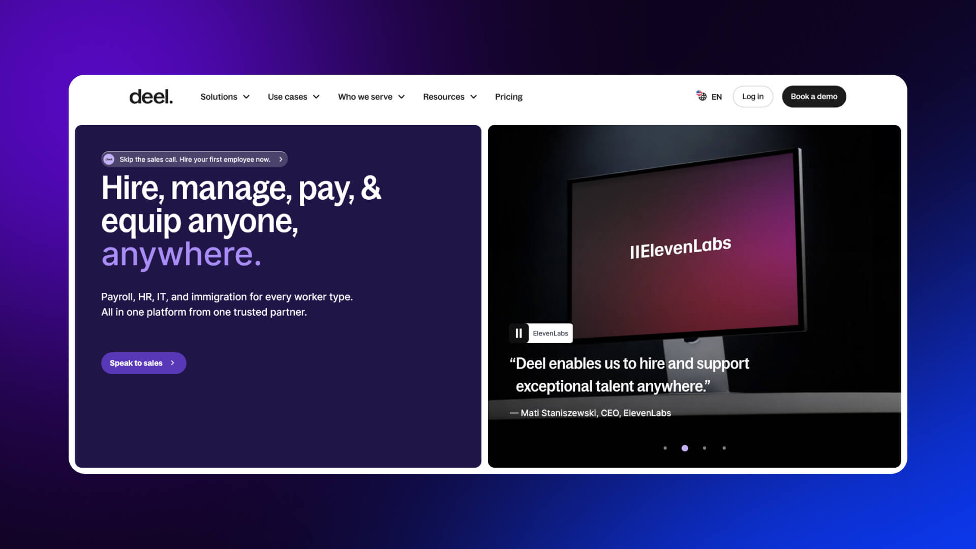 Deel home page structured for global hiring services with step-by-step explanations, compliance credibility, and enterprise trust signals.