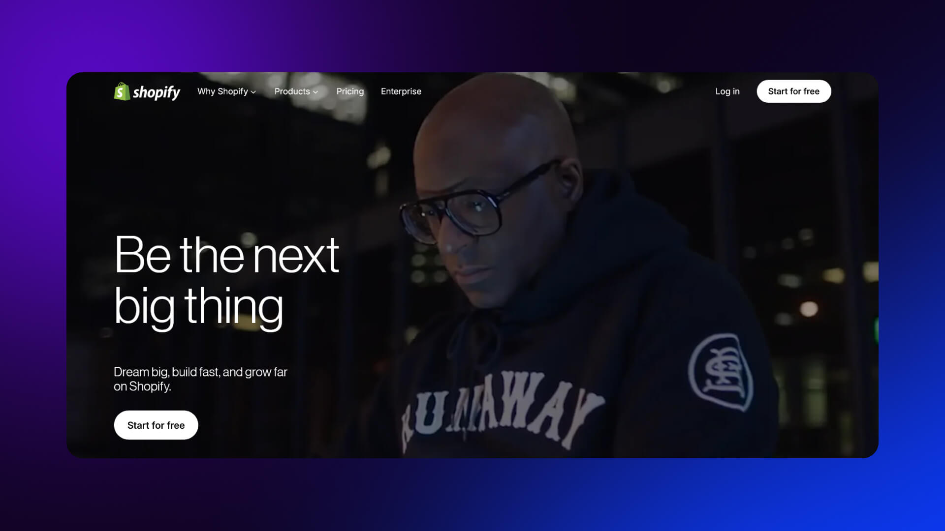 Shopify home page for self-serve users with short, direct messaging, email signup in the hero, and low-friction path to start a business.