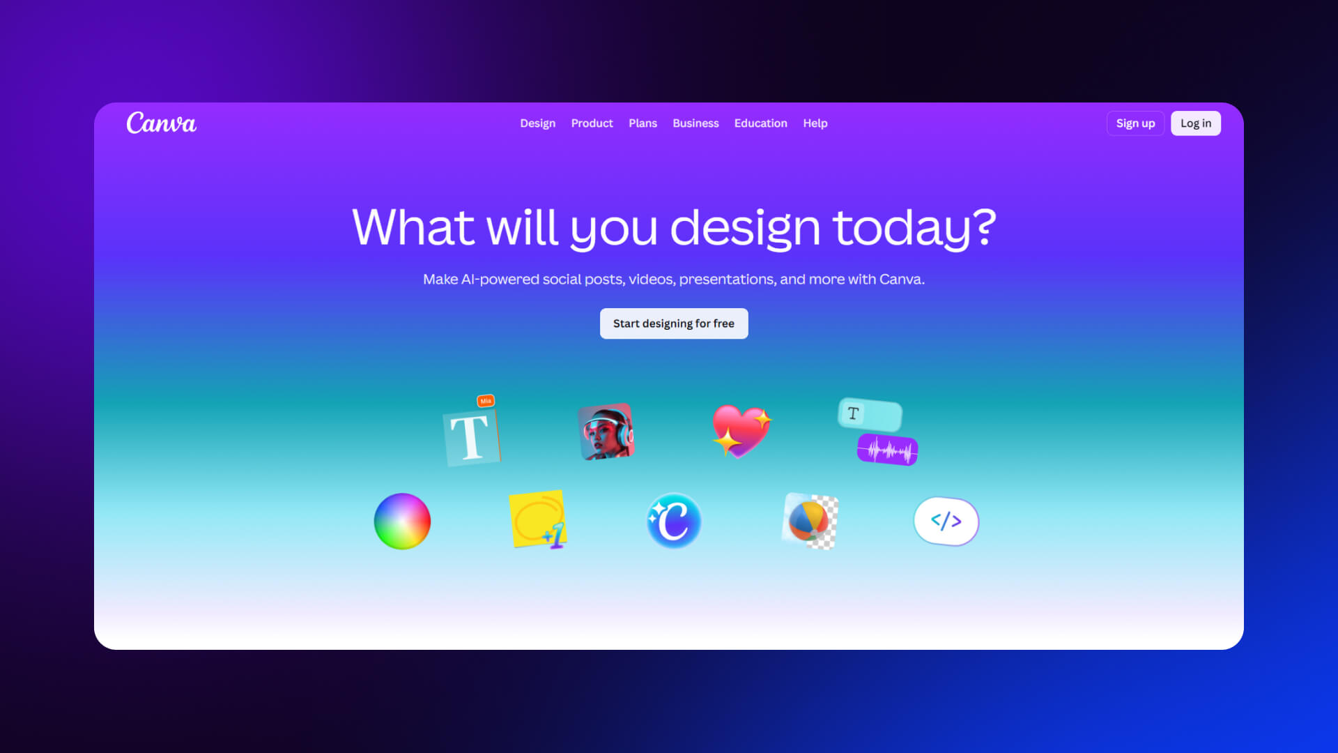 Canva home page highlighting creativity and ease with visual templates, interactive layout, one-click signup, and outcome-focused messaging.