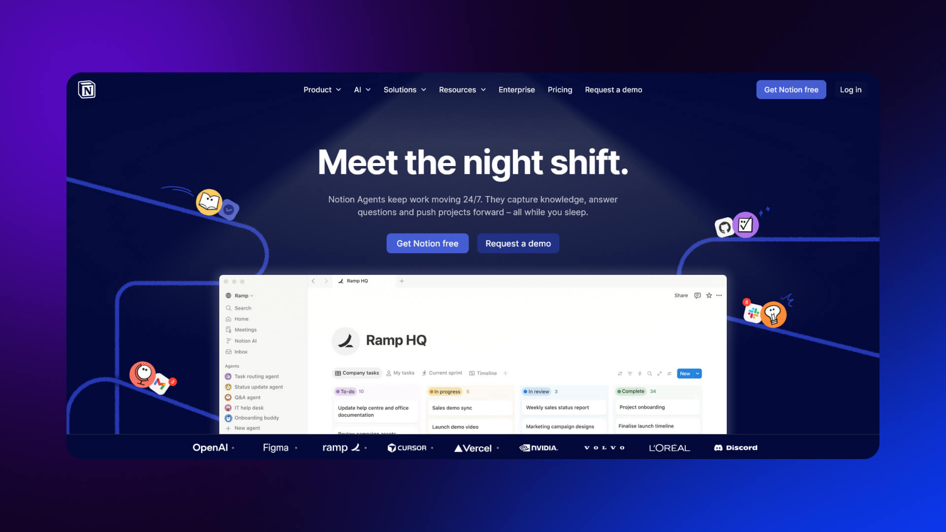 Notion’s home page with clear hero section, simple headline, product preview, outcome-focused copy, and early social proof.