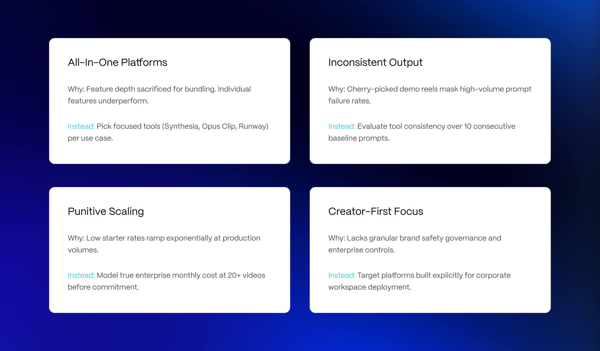 A clean, high-contrast vertical list detailing 4 strategic anti-patterns in B2B AI video tool adoption. Each row highlights an operational mistake—such as over-relying on all-in-one platforms or cherry-picked demos—and breaks down the technical explanation of why production stopped followed by a clear What to do instead alternative.
