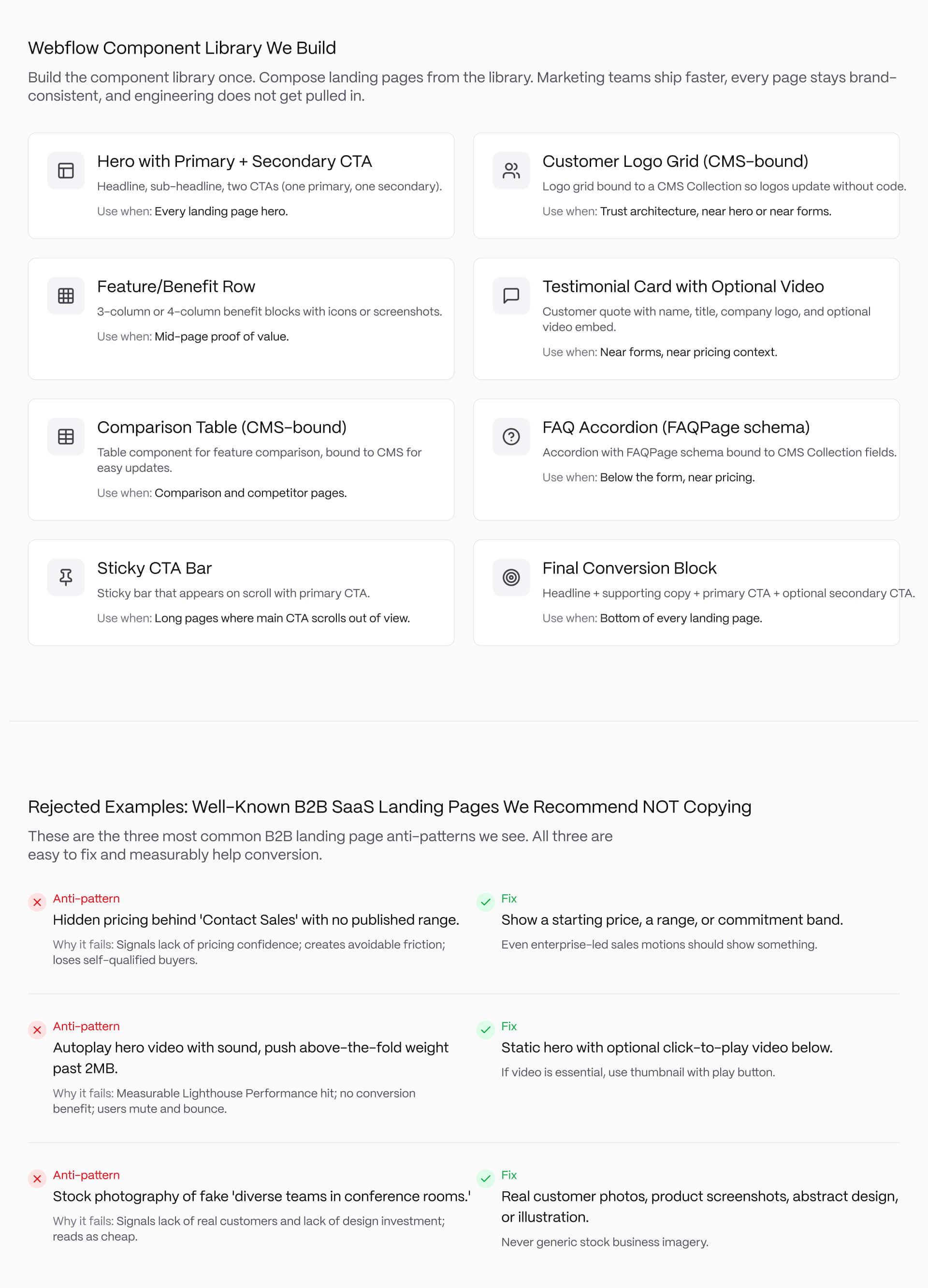 A 5-panel framework diagram showing the core principles of B2B landing page optimization, including hero clarity, trust architecture, form friction, proof placement, and conversion paths.