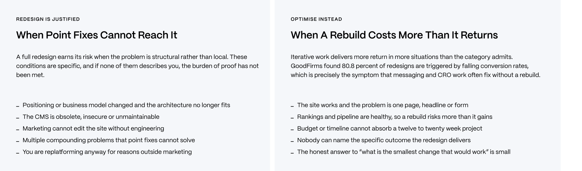 Two-card comparison showing when a B2B SaaS website redesign is justified versus when to optimise instead