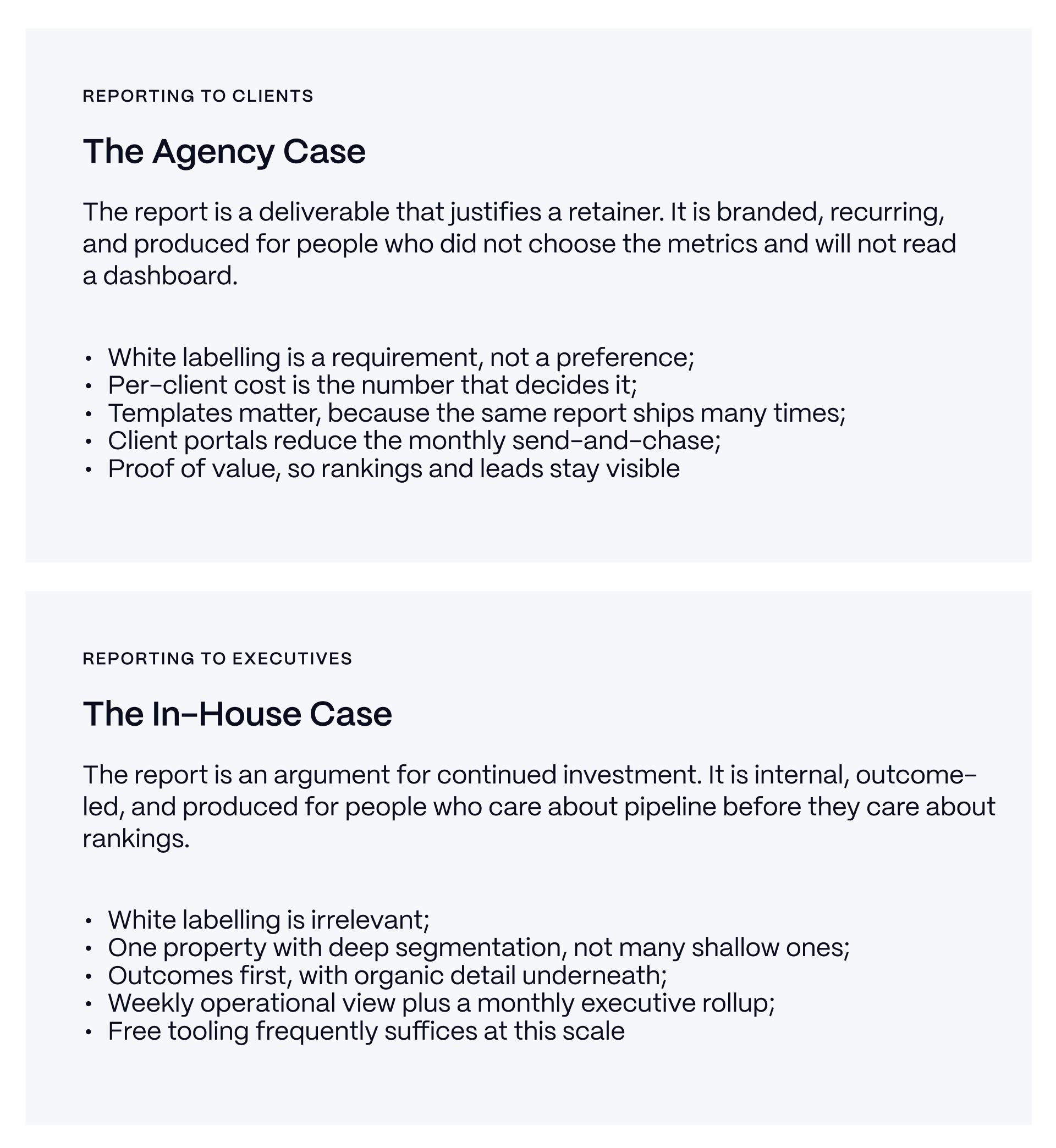 SEO reporting tools comparison for agencies and in-house teams, including white-label reporting, client costs, templates, and executive dashboards