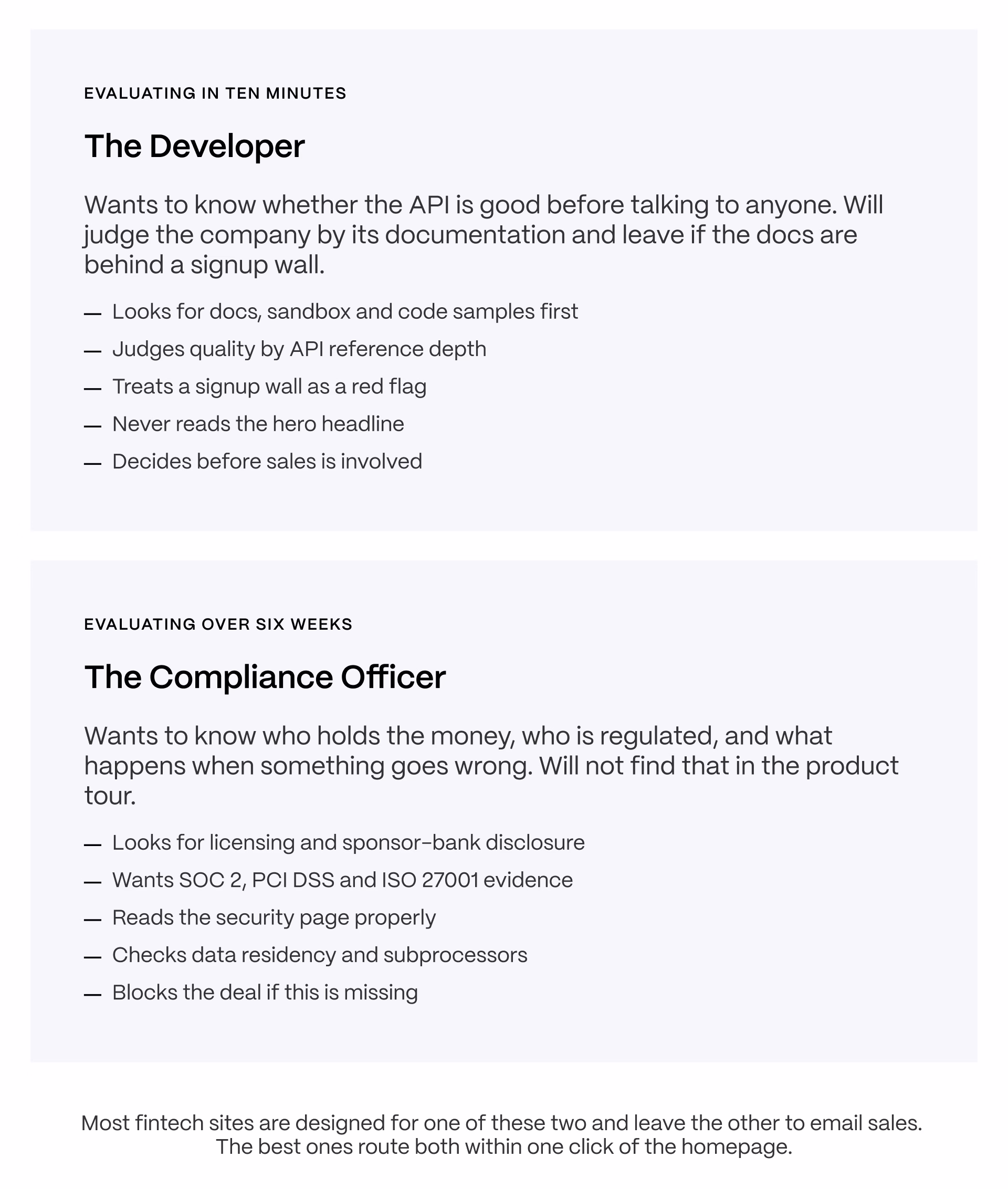 Developer and compliance officer evaluating the same fintech website