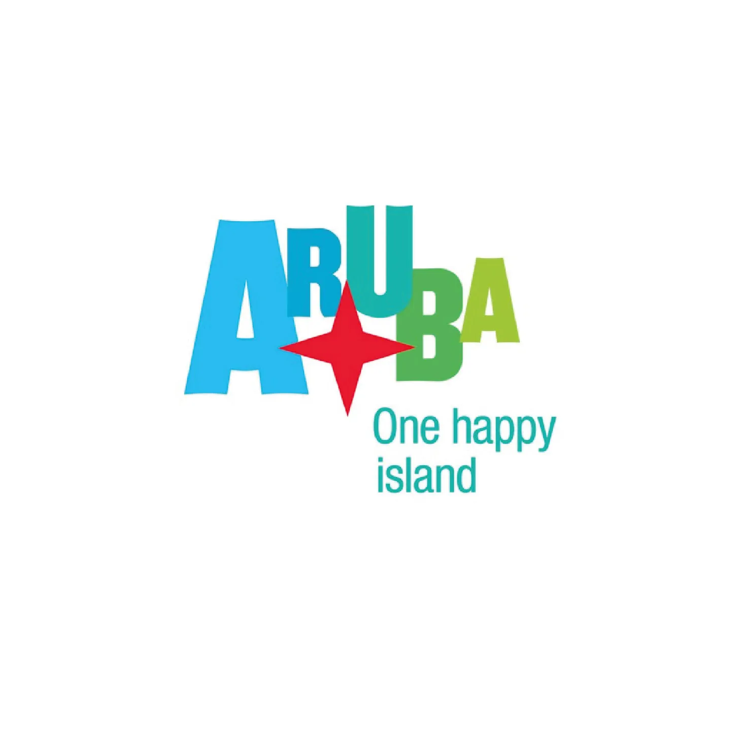 Colorful text logo of Aruba with a red star and the slogan One happy island.