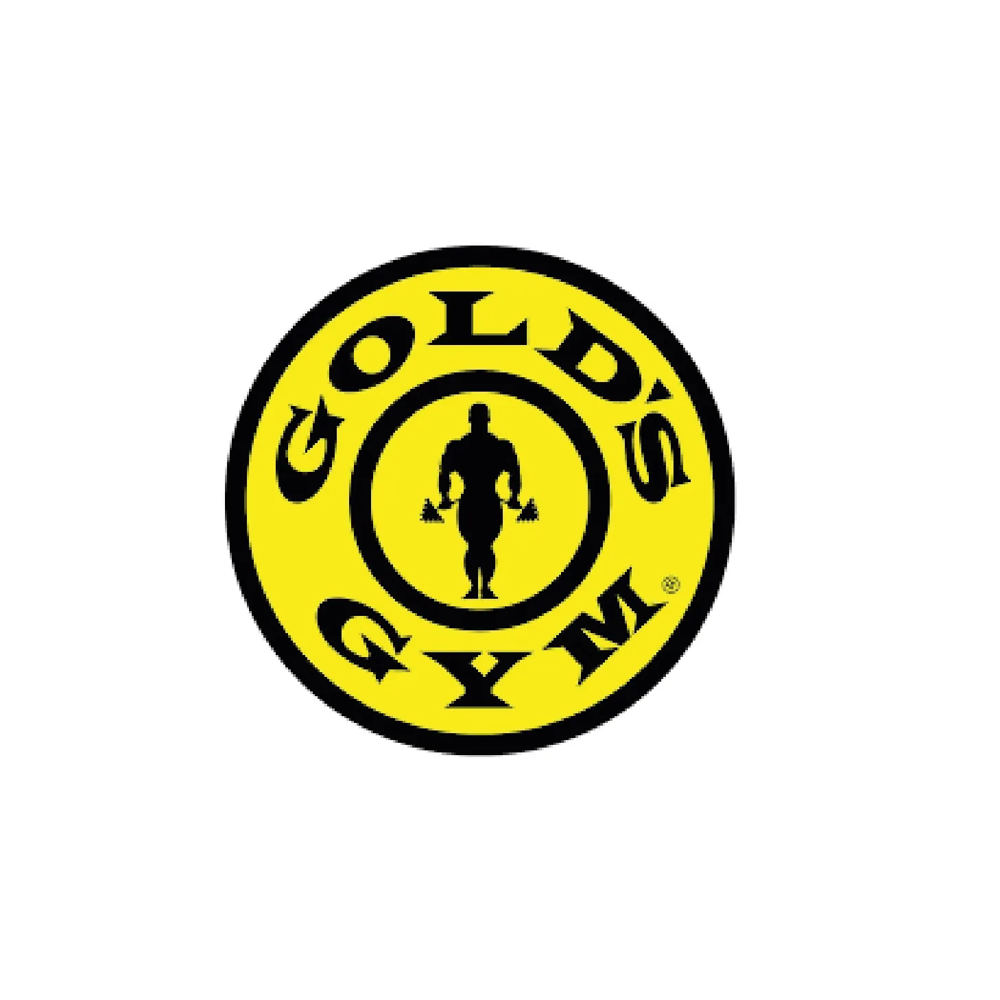Gold's Gym logo with a muscular figure lifting dumbbells inside a yellow circle.