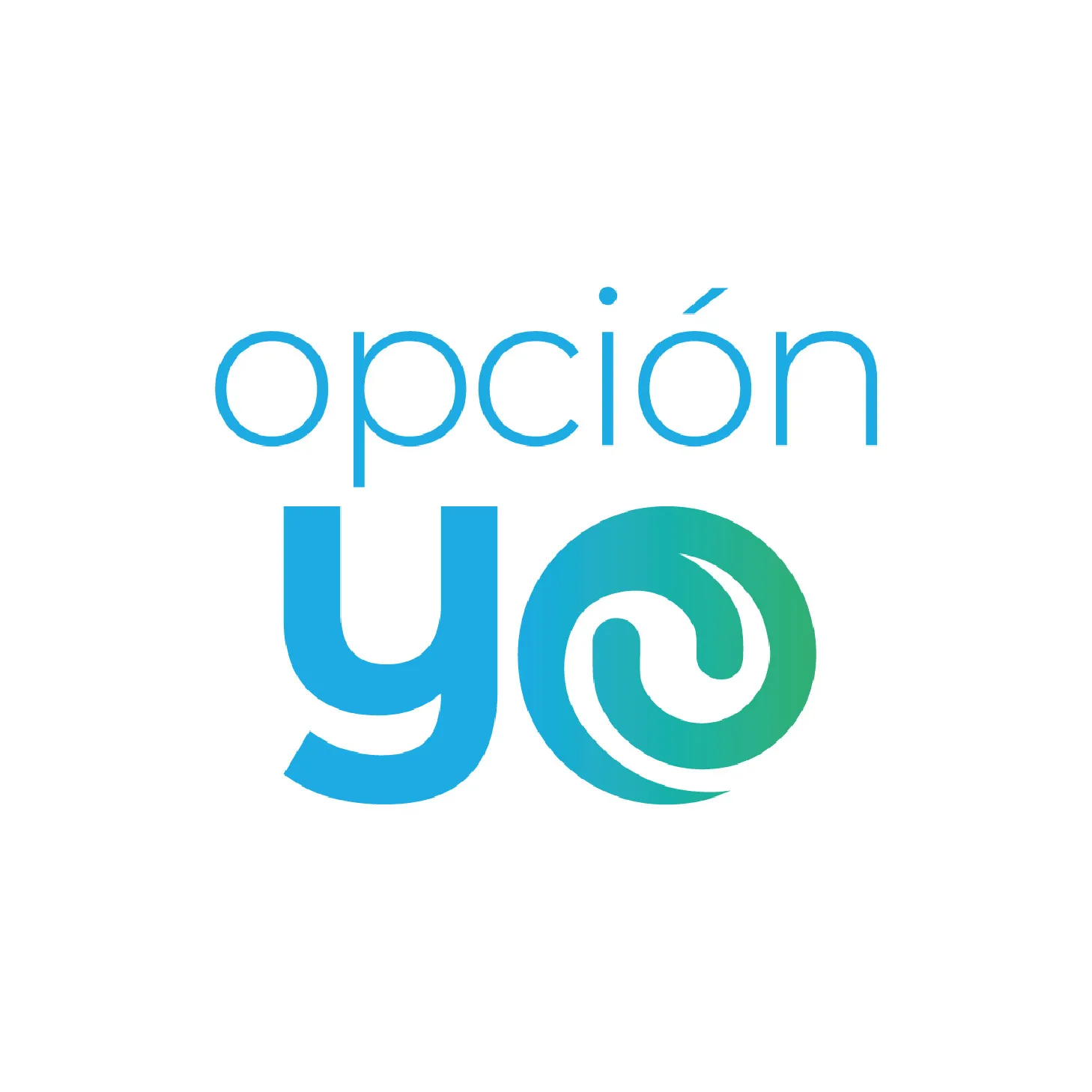 Logo with text 'opción yo' in blue and a circular swirl design.