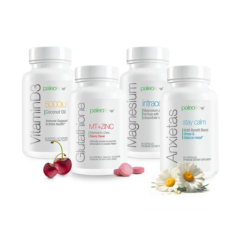 Four Paleo Life supplement bottles: Vitamin D3, Glutathione MT+Zinc, Magnesium, Anxietas stay calm with cherries and daisies.