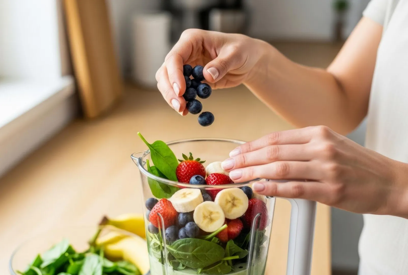 Hands adding blueberries to a blender filled with spinach, banana slices, and strawberries.