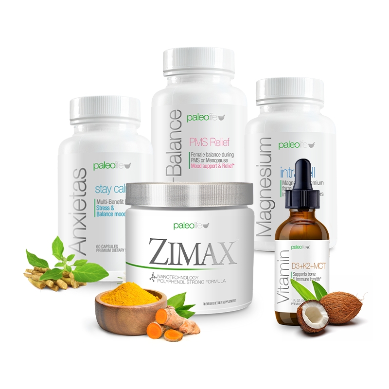 Four Paleo Life supplement bottles: Vitamin D3, Glutathione MT+Zinc, Magnesium, Anxietas stay calm with cherries and daisies.