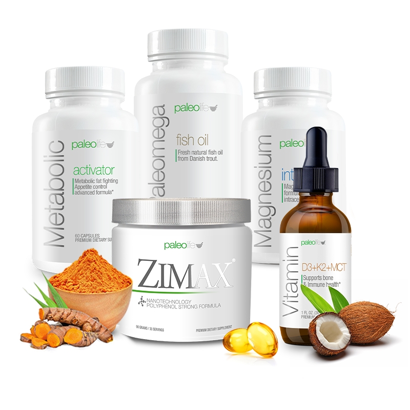 Four Paleo Life supplement bottles: Vitamin D3, Glutathione MT+Zinc, Magnesium, Anxietas stay calm with cherries and daisies.
