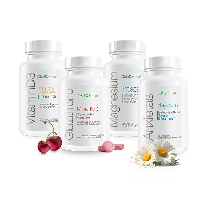 Four Paleo Life supplement bottles: Vitamin D3, Glutathione MT+Zinc, Magnesium, Anxietas stay calm with cherries and daisies.