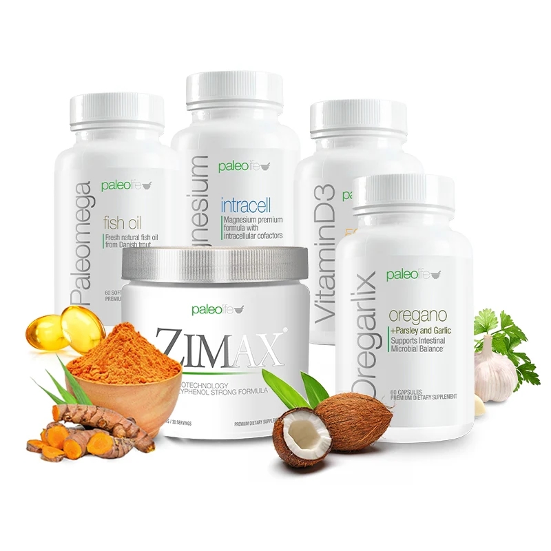 Four Paleo Life supplement bottles: Vitamin D3, Glutathione MT+Zinc, Magnesium, Anxietas stay calm with cherries and daisies.