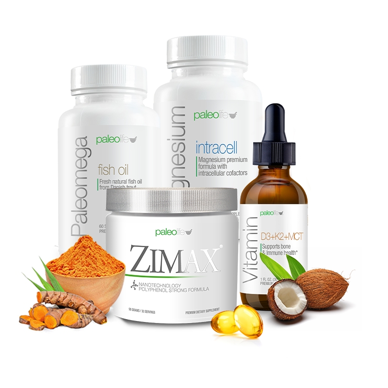 Four Paleo Life supplement bottles: Vitamin D3, Glutathione MT+Zinc, Magnesium, Anxietas stay calm with cherries and daisies.