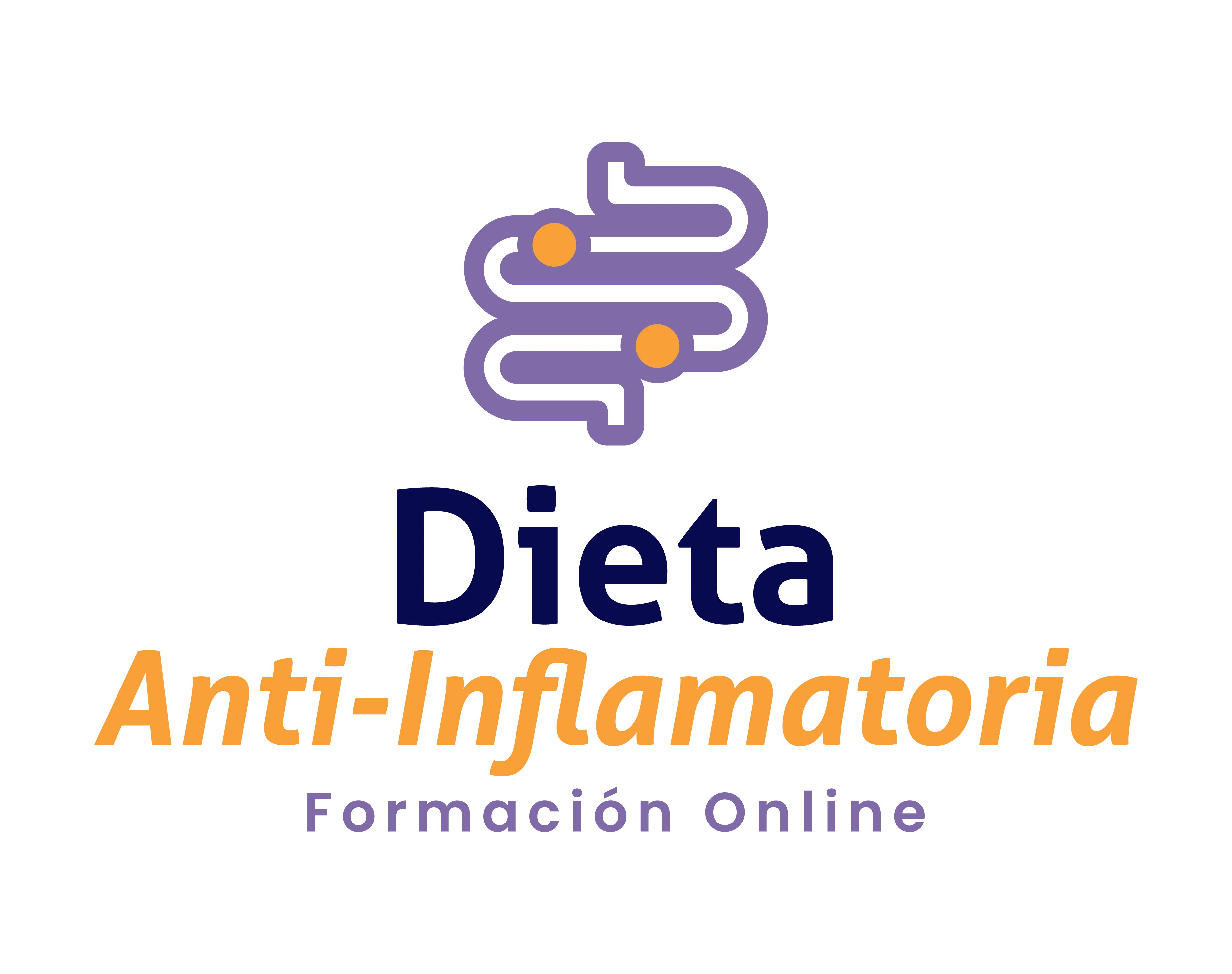 Logo with stylized purple intestines and orange dots above text 'Dieta Anti-Inflamatoria Formación Online'.